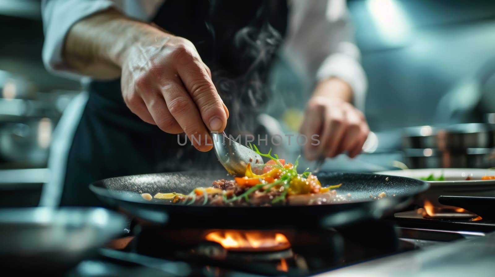 Professional chef meticulously plating a gourmet dish with precision and care