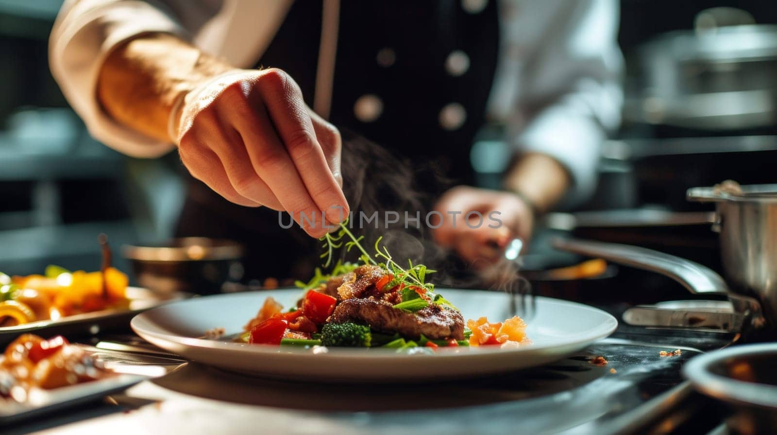 Chef garnishing delicious meal in a pan with herbs, showcasing culinary artistry and professional cooking