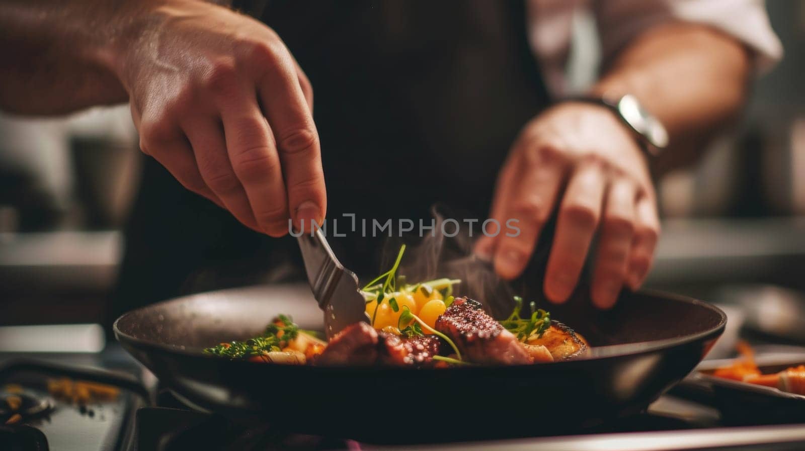 Professional chef meticulously plating a gourmet dish with precision and care