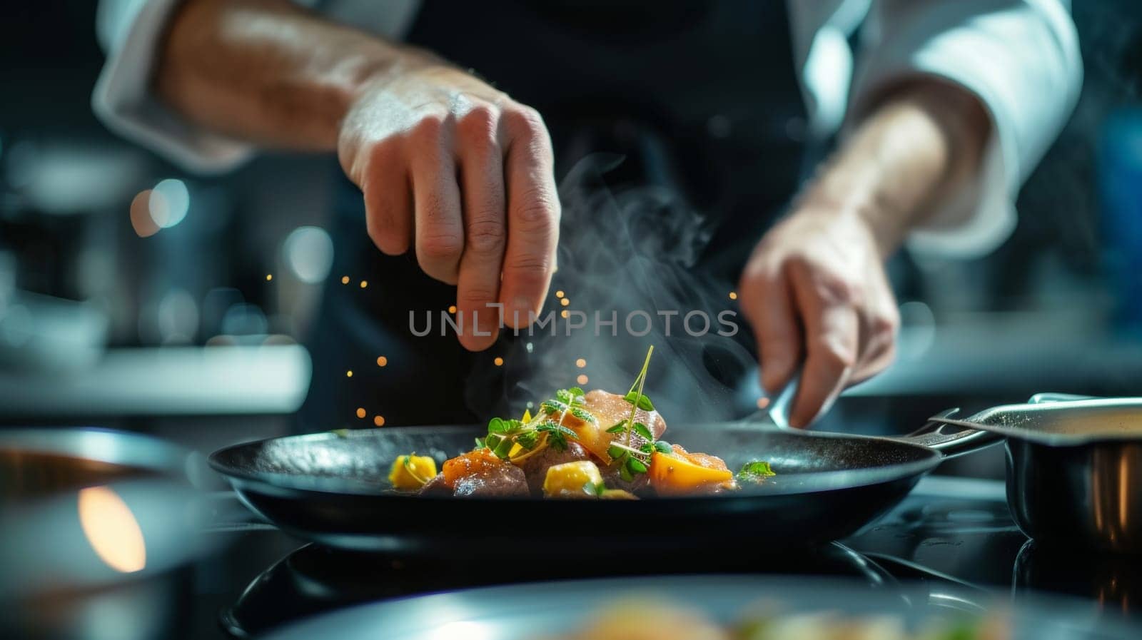 Chef's hands skillfully preparing a gourmet dish in a pan, amidst the ambiance of a professional kitchen