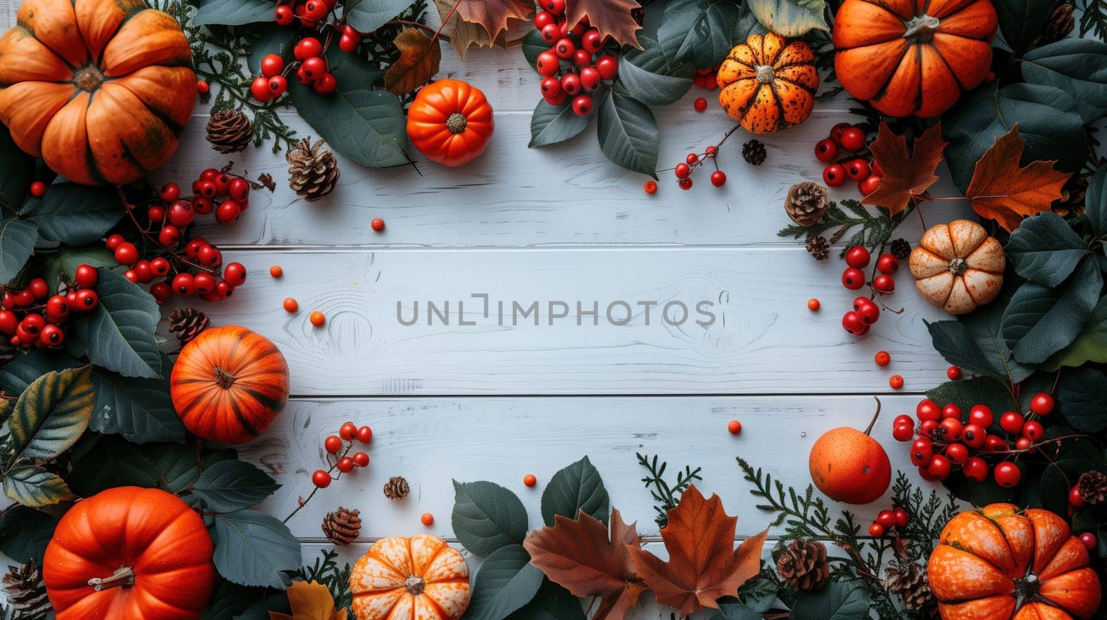 Autumn background decoration from dry leaves and pumpkin on white wooden background. Flat lay, top view for Autumn, fall, Thanksgiving concept.