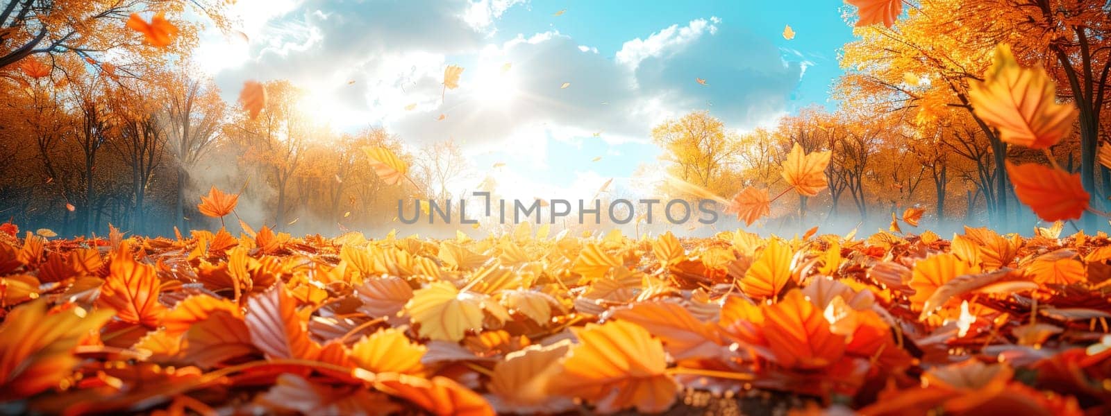 Beautiful autumn landscape with falling yellow leaves covering the ground. The blue sky and the warming sun. Natural autumnal concept. Advertising presentation with space for copy.