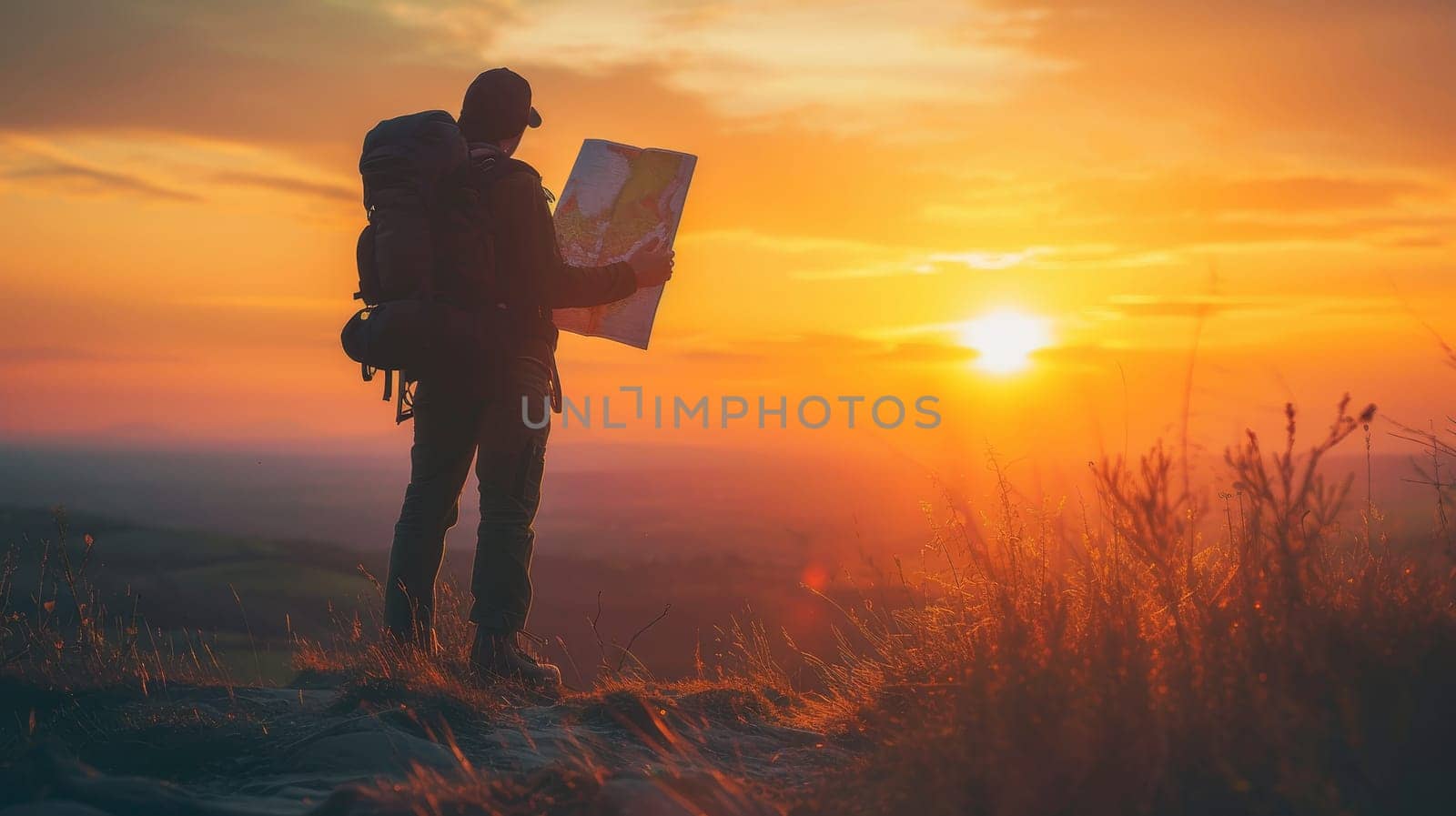 Lone hiker with backpack standing on a mountain peak at sunset, holding a map and looking into the distance