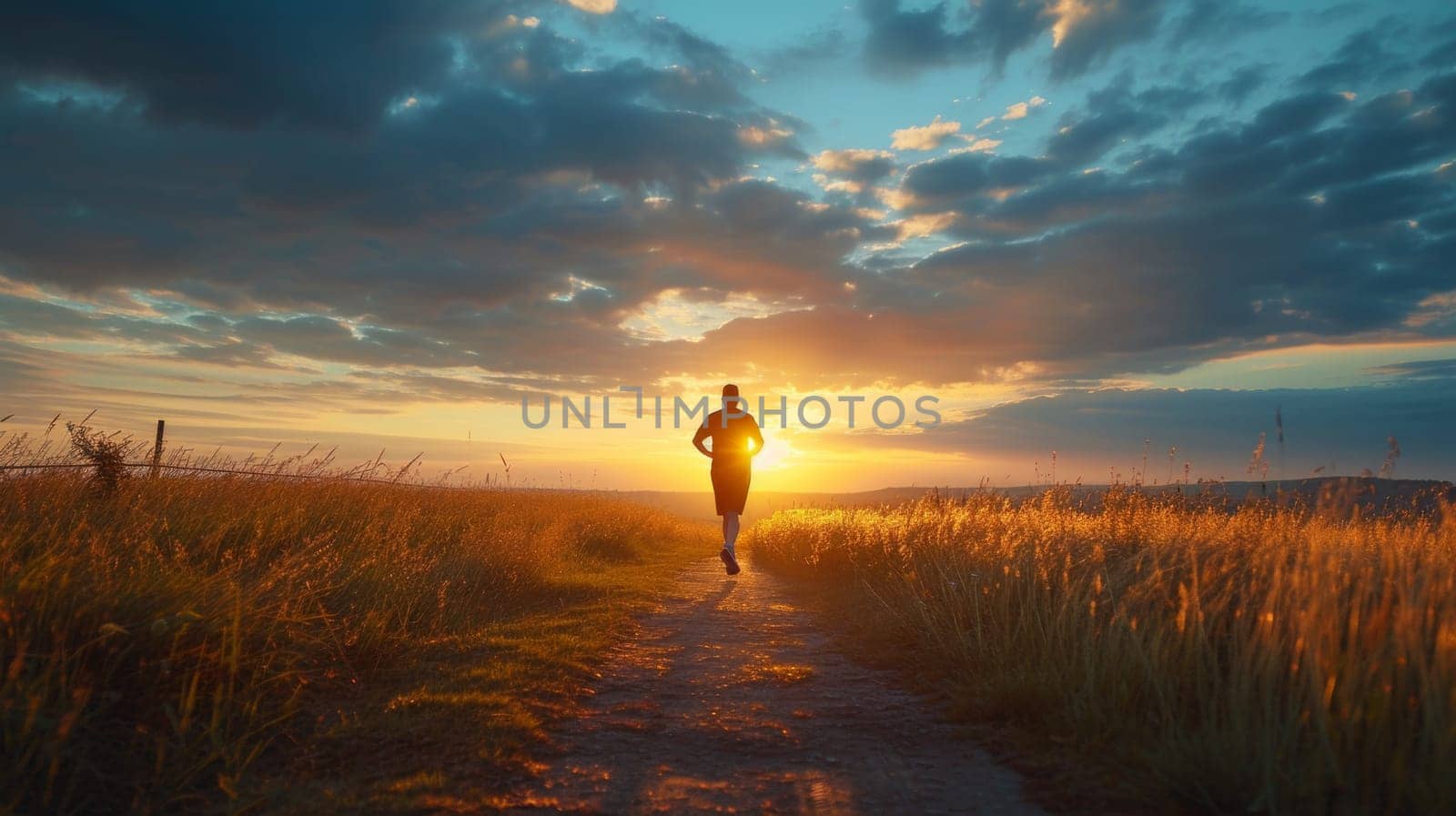 Runner on a coastal path with a vibrant sunset over the sea horizon