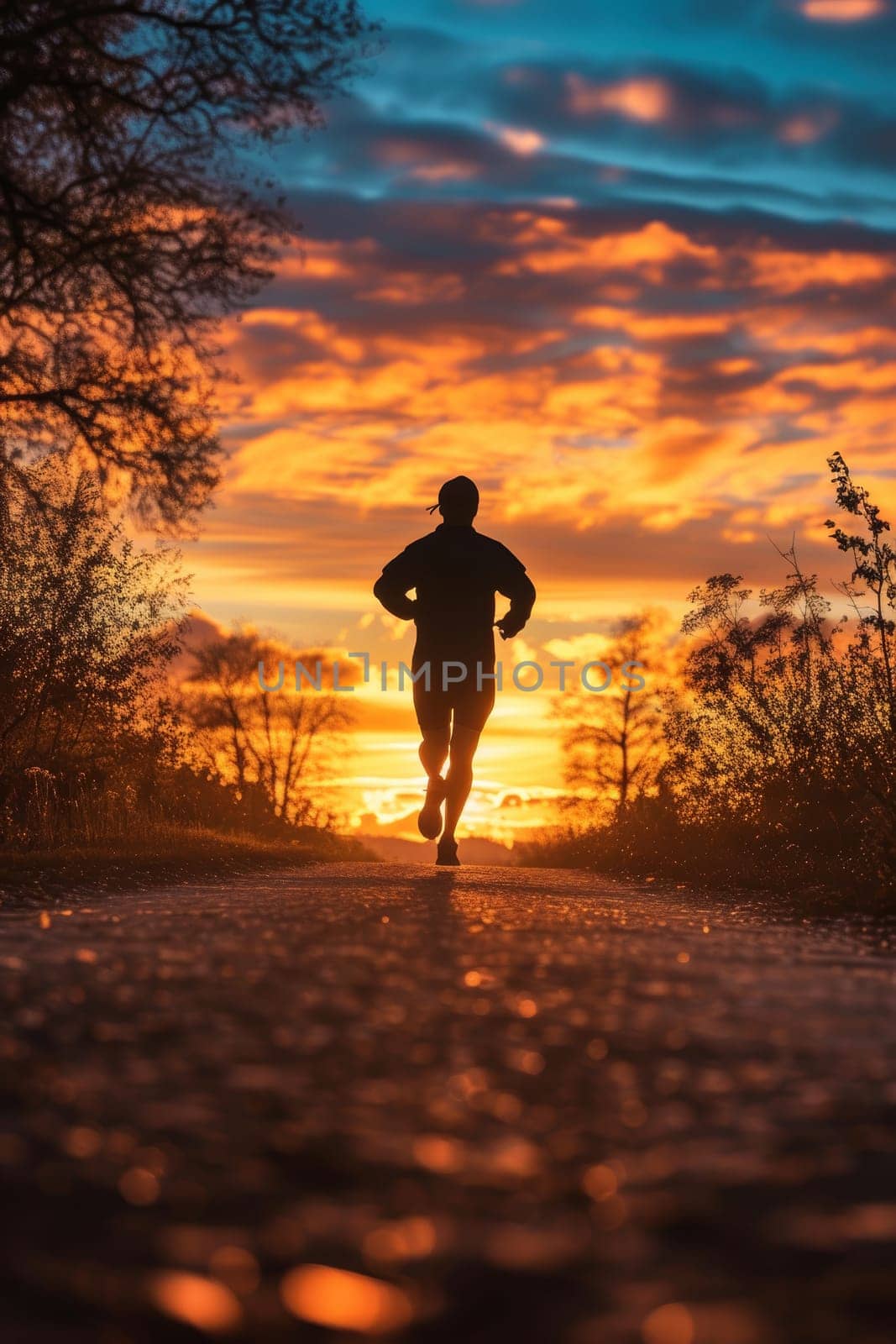 Backlit silhouette of a runner on a path during a breathtaking sunset