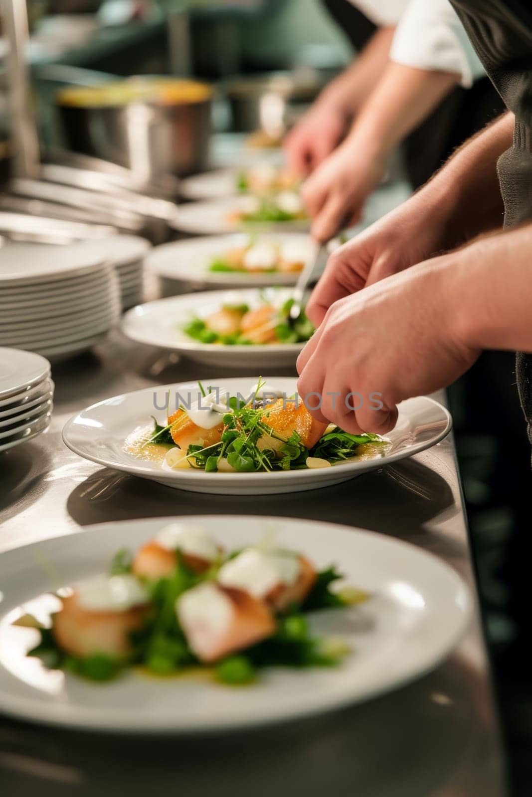 Close-up of a chef's hands putting final touches on an elegant plate
