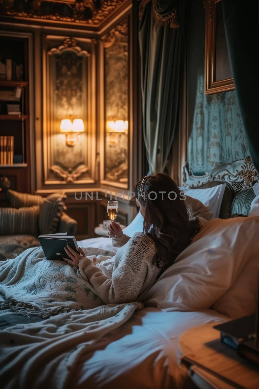 Person enjoying a book and a glass of wine in a classic bedroom with opulent decor at night