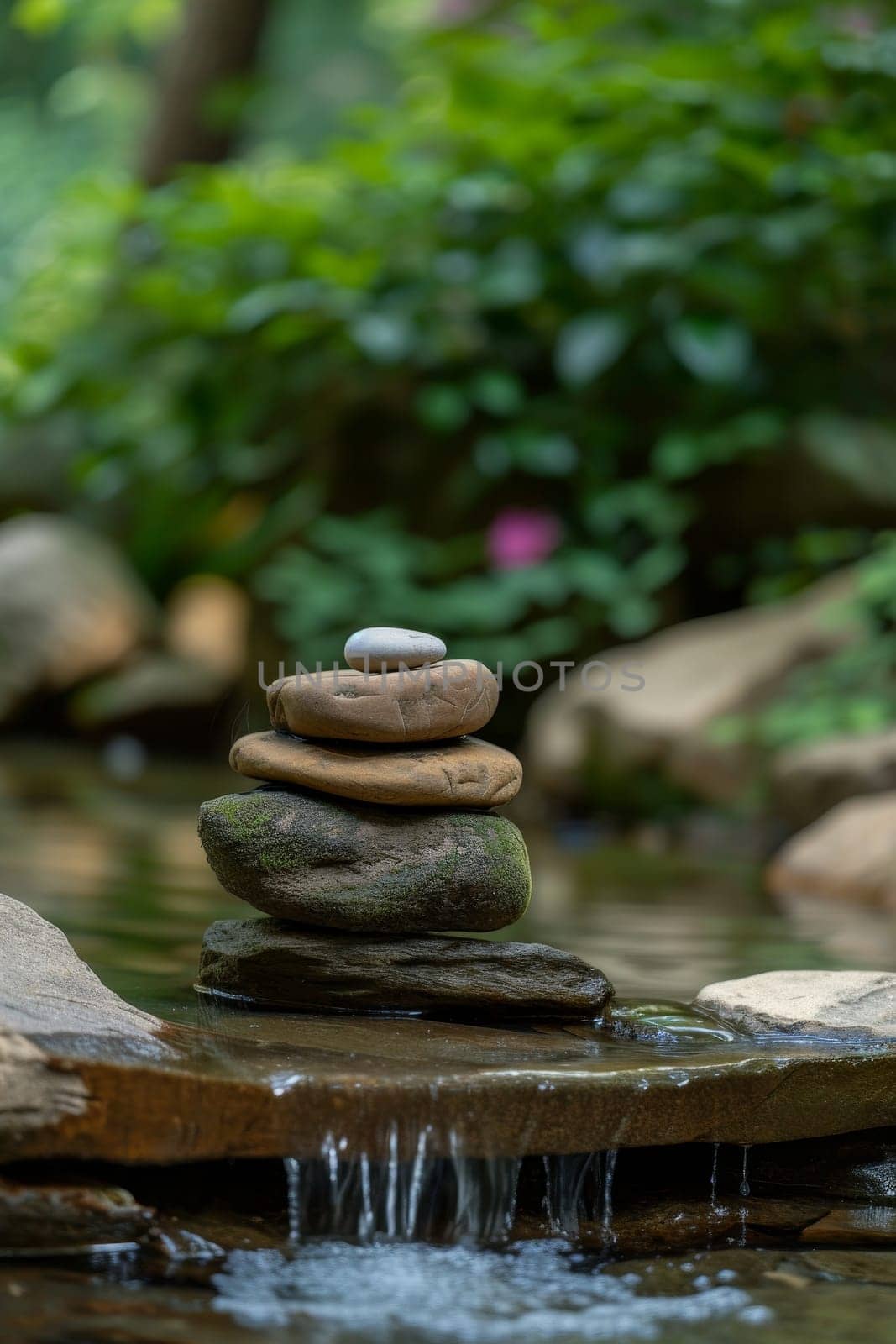 A serene pile of smooth stones balanced in a forest stream with lush greenery in soft focus in the background