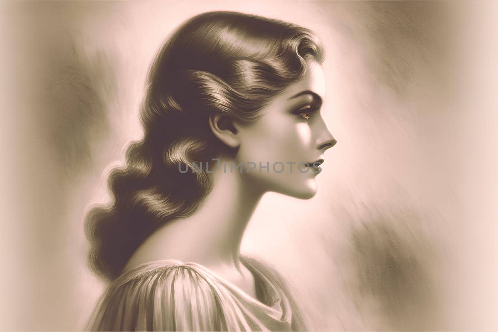 grafic ortrait of a beautiful woman with long flowing hair in profile.