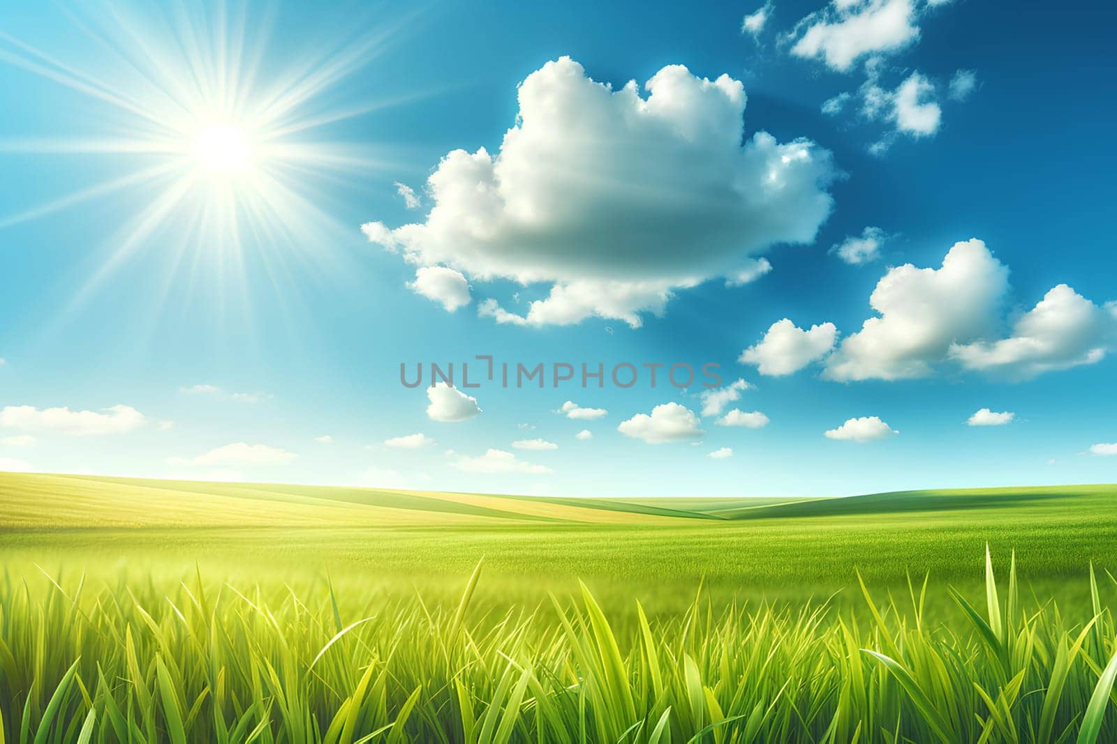 a clear blue sky with a fluffy clouds and a lush green, a sunny summer background.