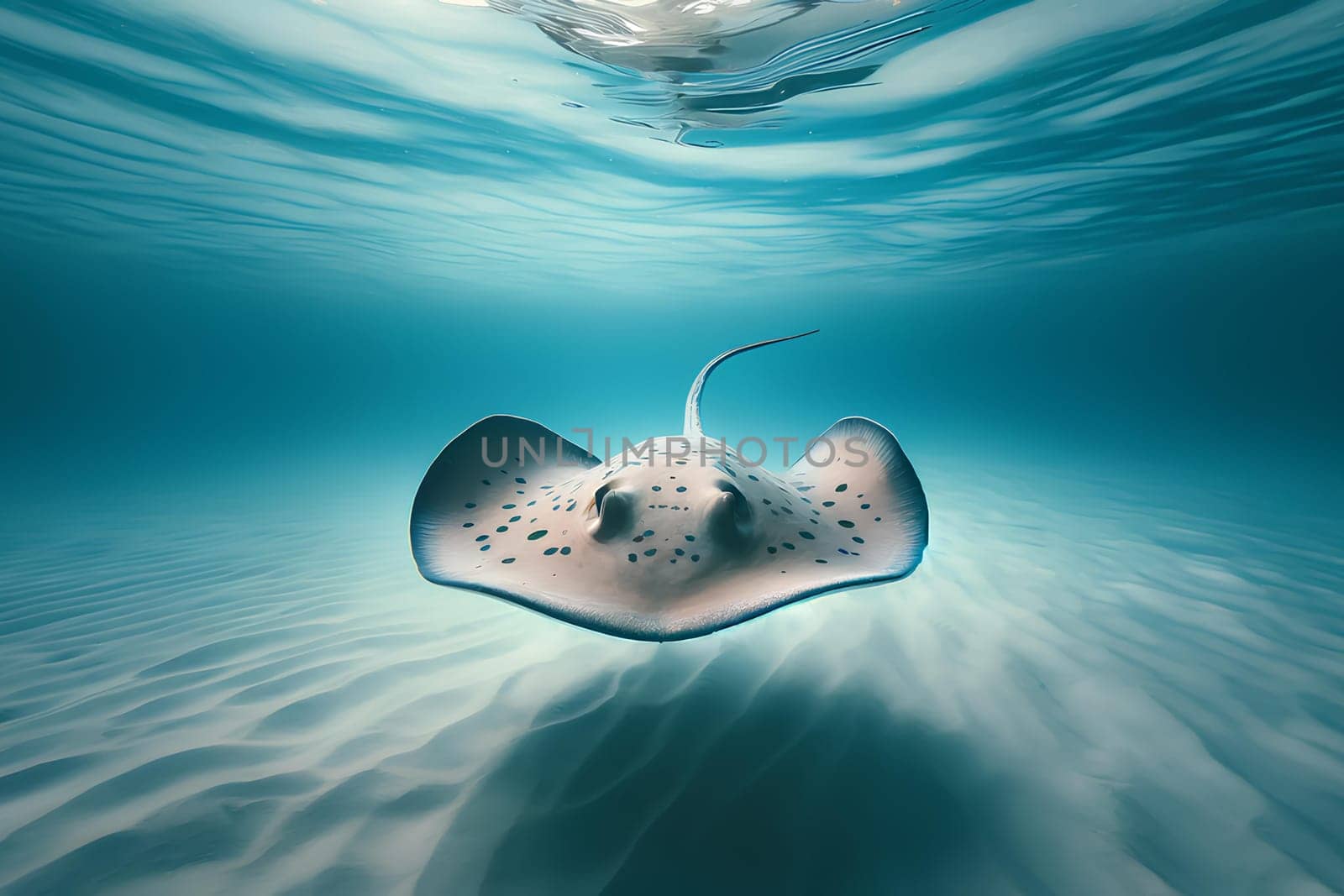 a stingray swimming in clear water close-up.