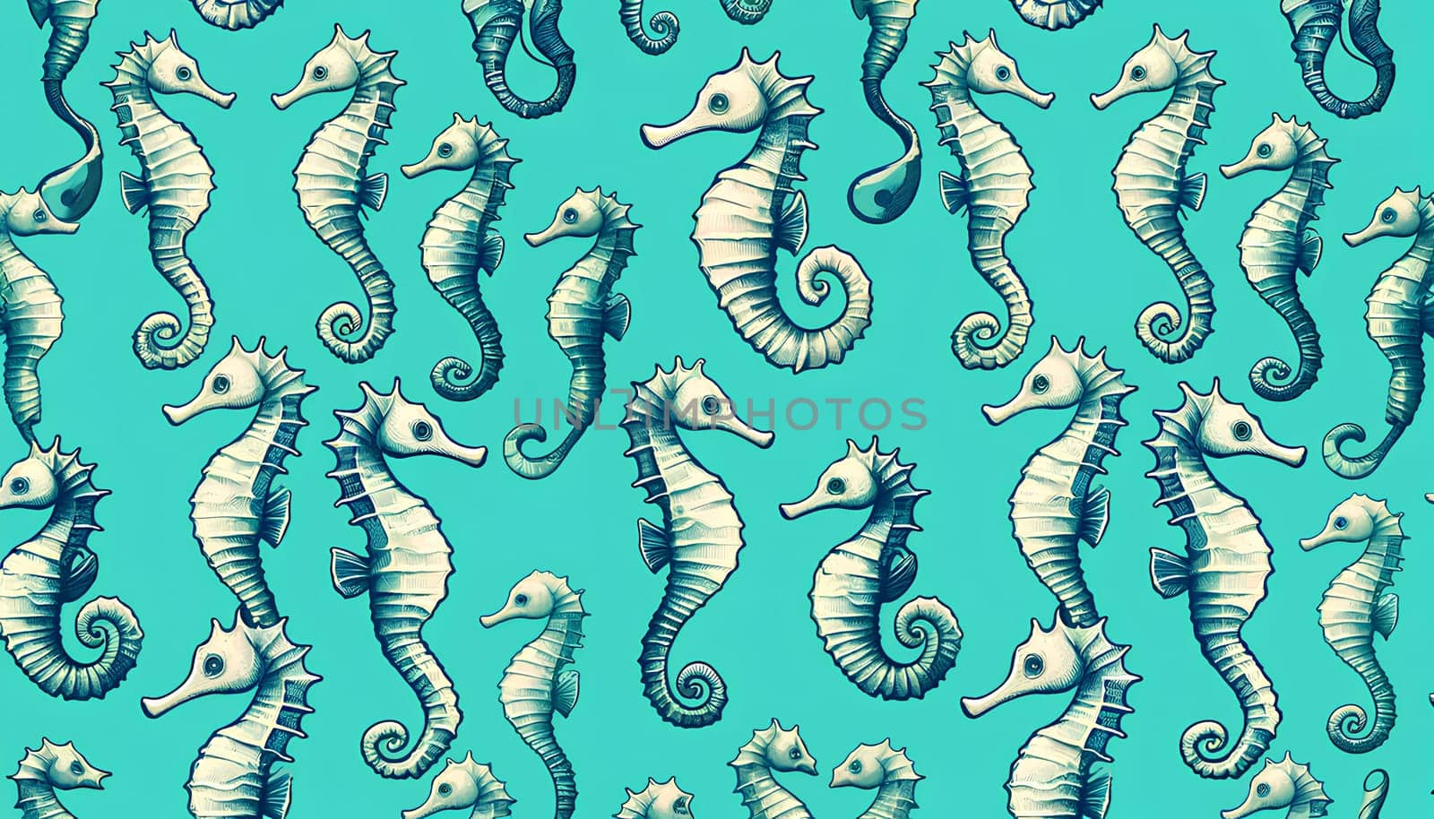 Horizontal pattern from seahorses on a turquoise background.