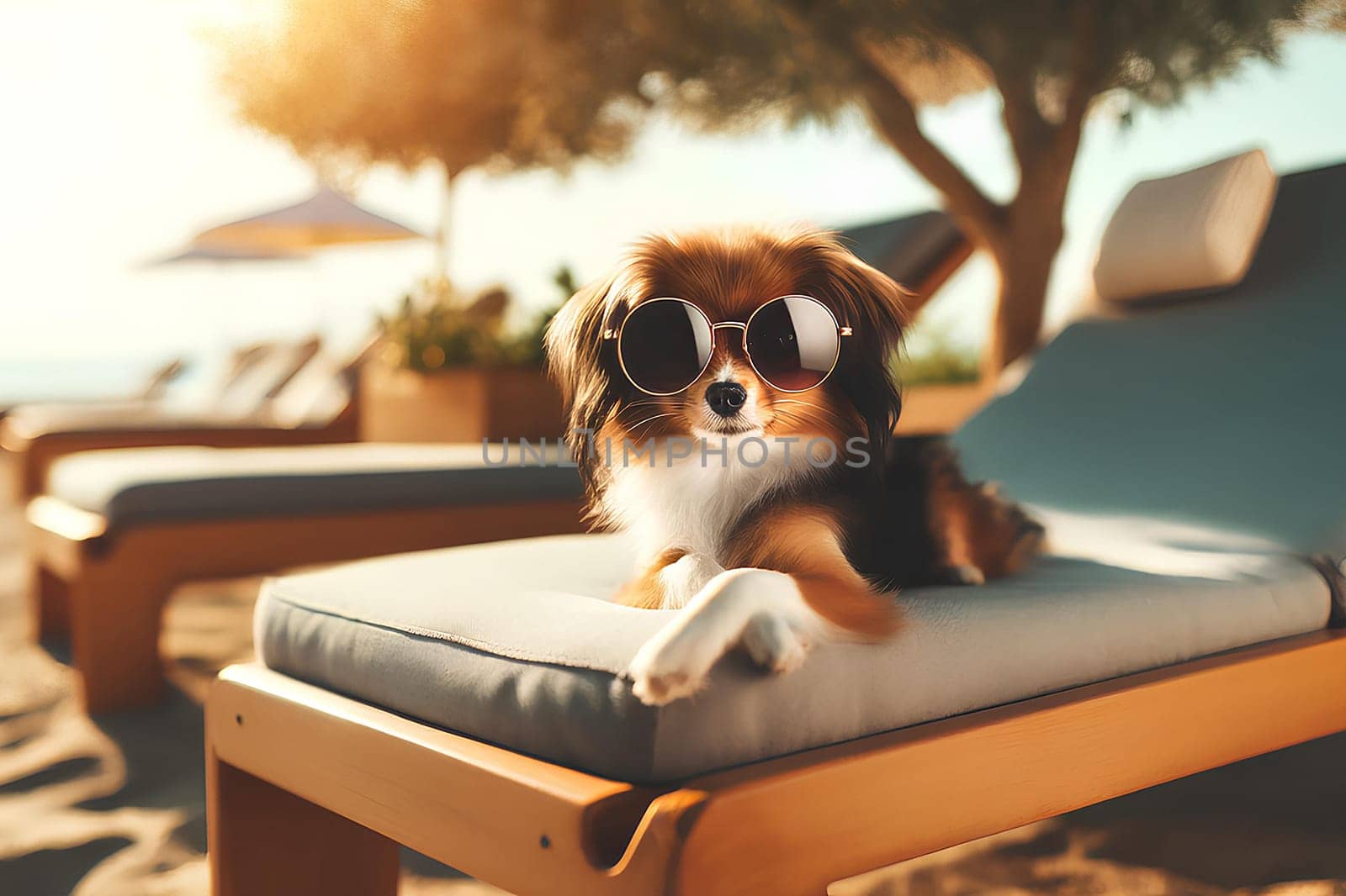 a small decorative breed dog wearing sunglasses, lying on a lounge chair.