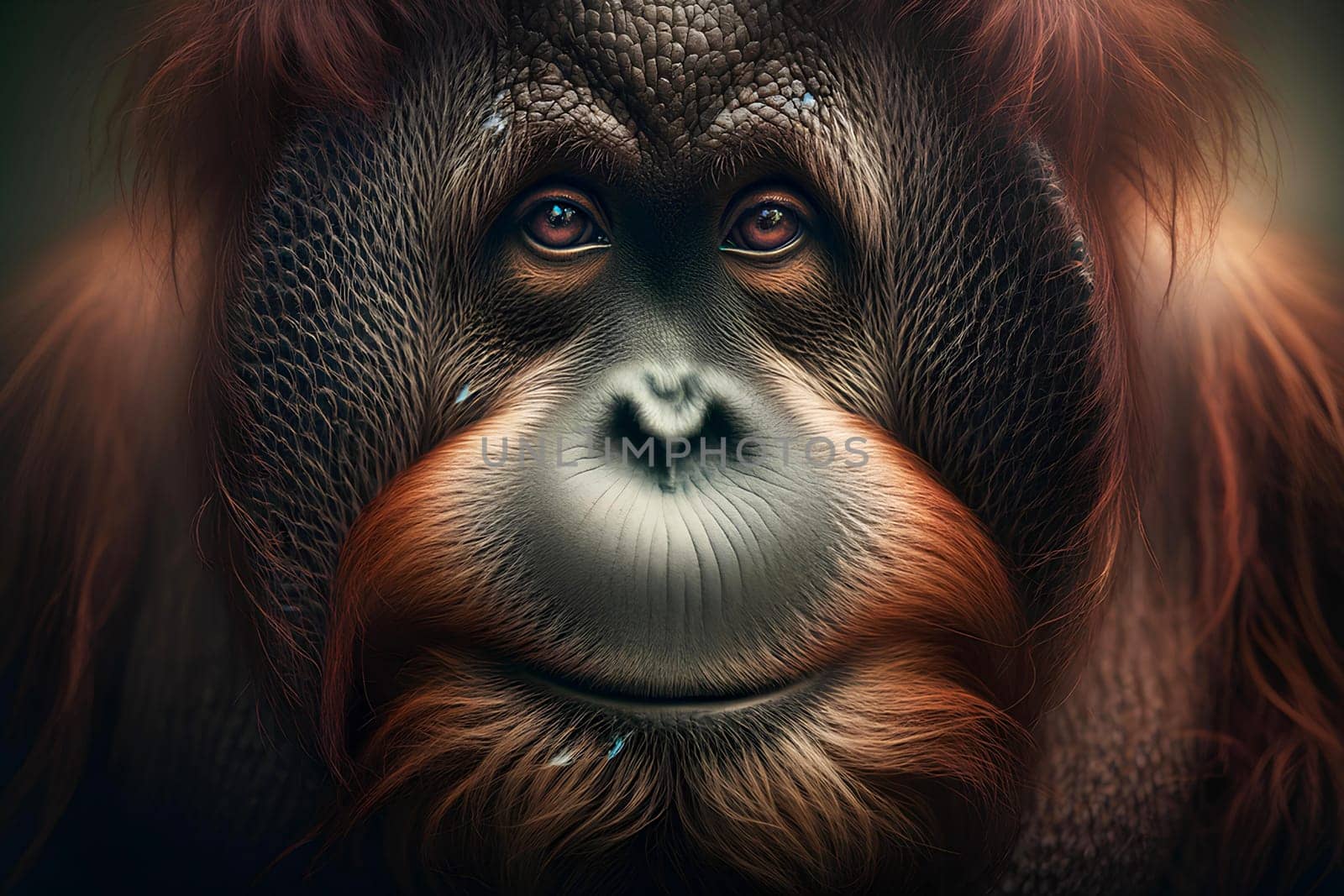 horizontal portrait of an orangutan with thoughtful eyes.