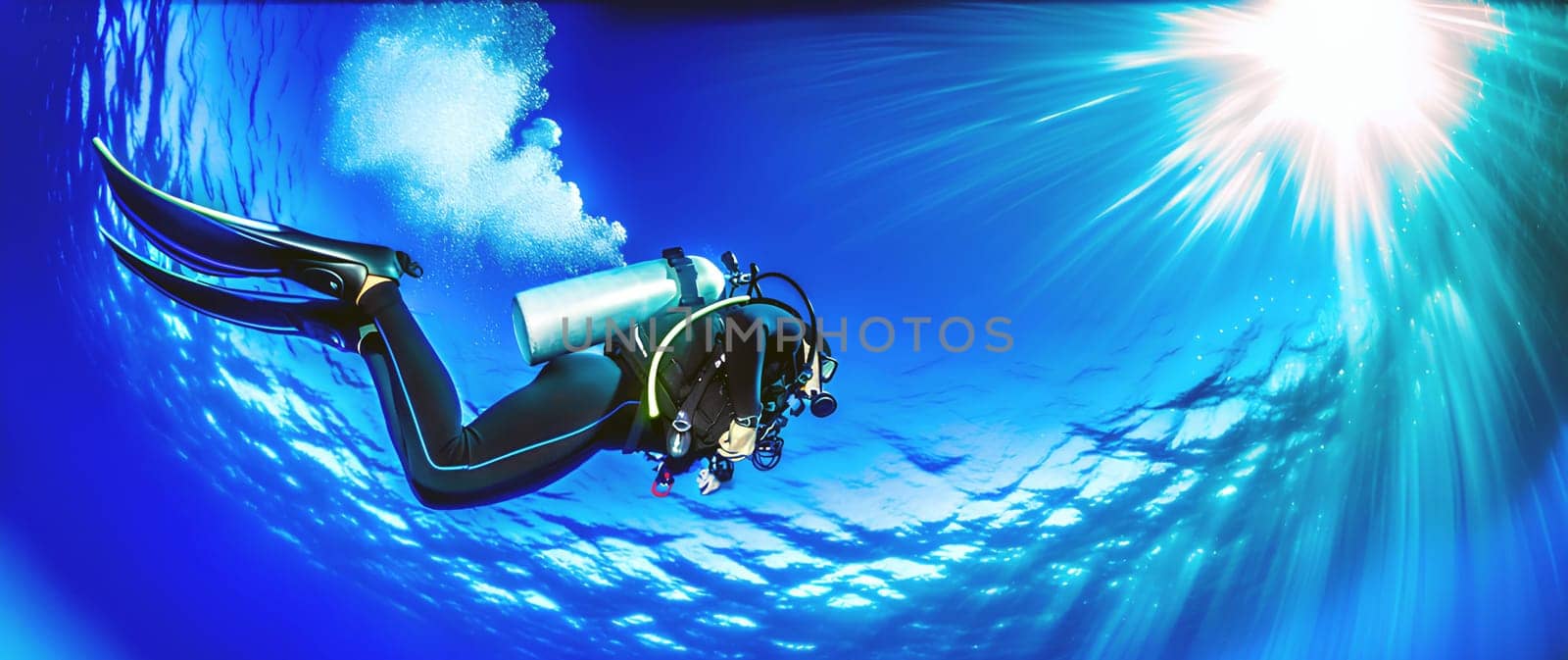 the diver in full scuba gear is descending into the clear blue water.