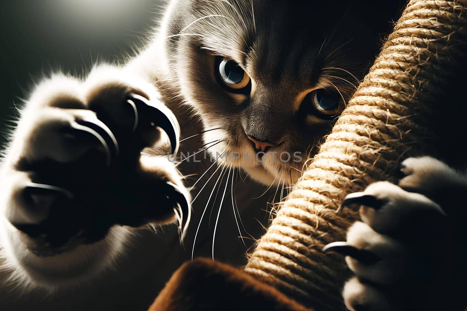 a cat sharpening its claws on a scratching post close-up