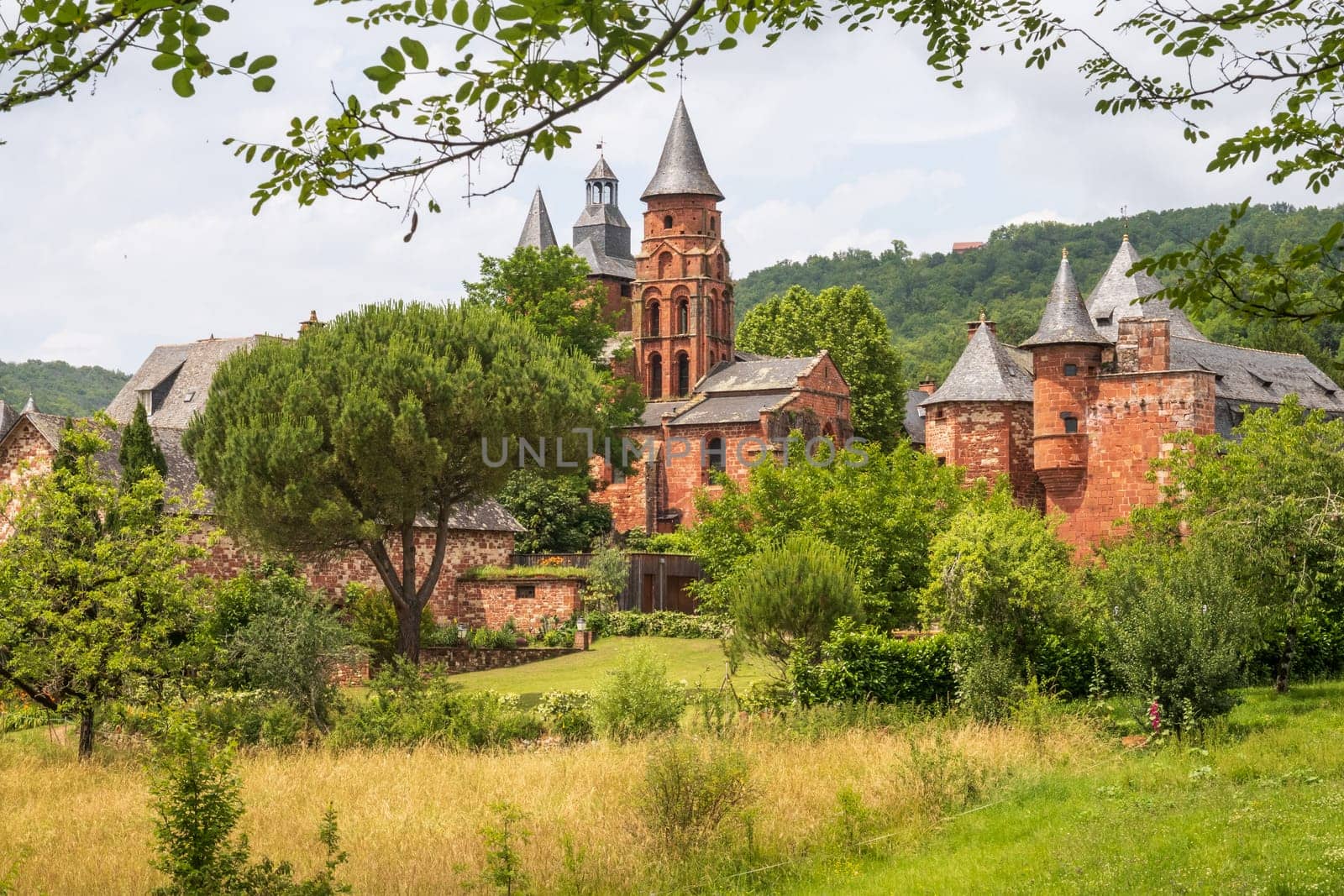Exterior View of the Church of Saint-Pierre and village in Collonges-la-Rouge, France