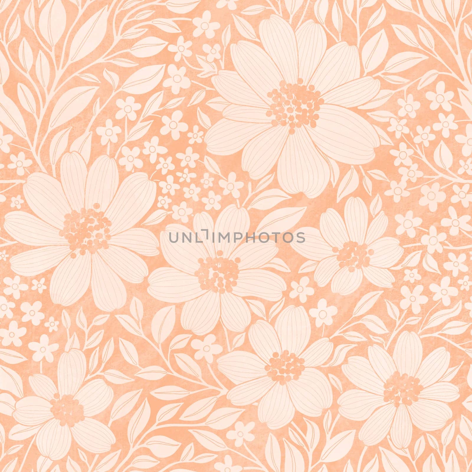 Floral Seamless Pattern ofPastel Peach Flowers and Leaves with Texture, Great for Textiles, Surfaces, Wallpapers, Wrapping Papers, Fabrics, Prints, Package Design, Fashion, Beauty Products
