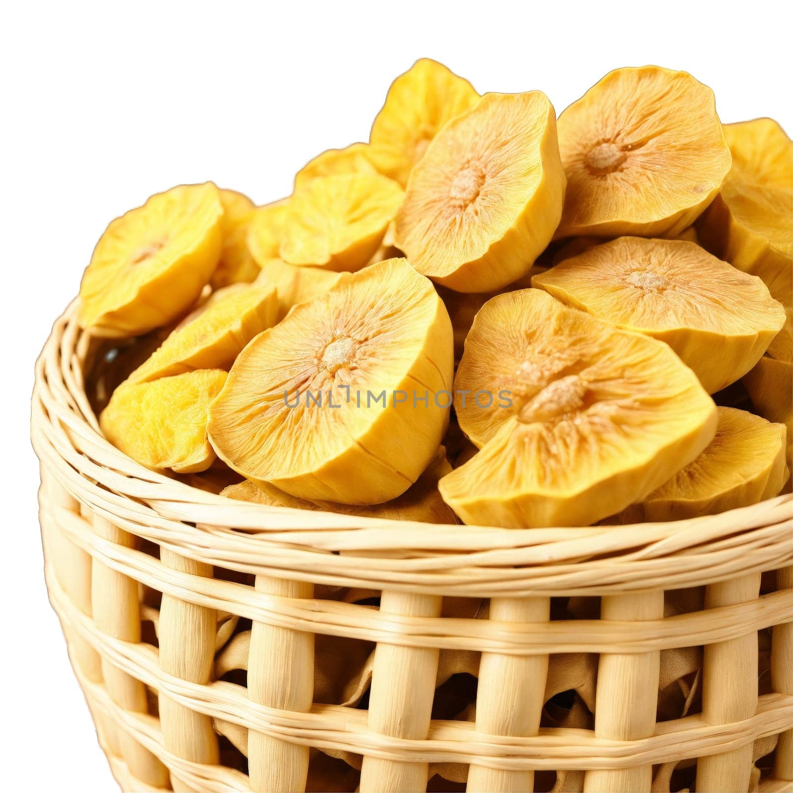 Dried jackfruit chunks in a tropical wicker basket pale yellow with a fibrous texture. Food isolated on transparent background.