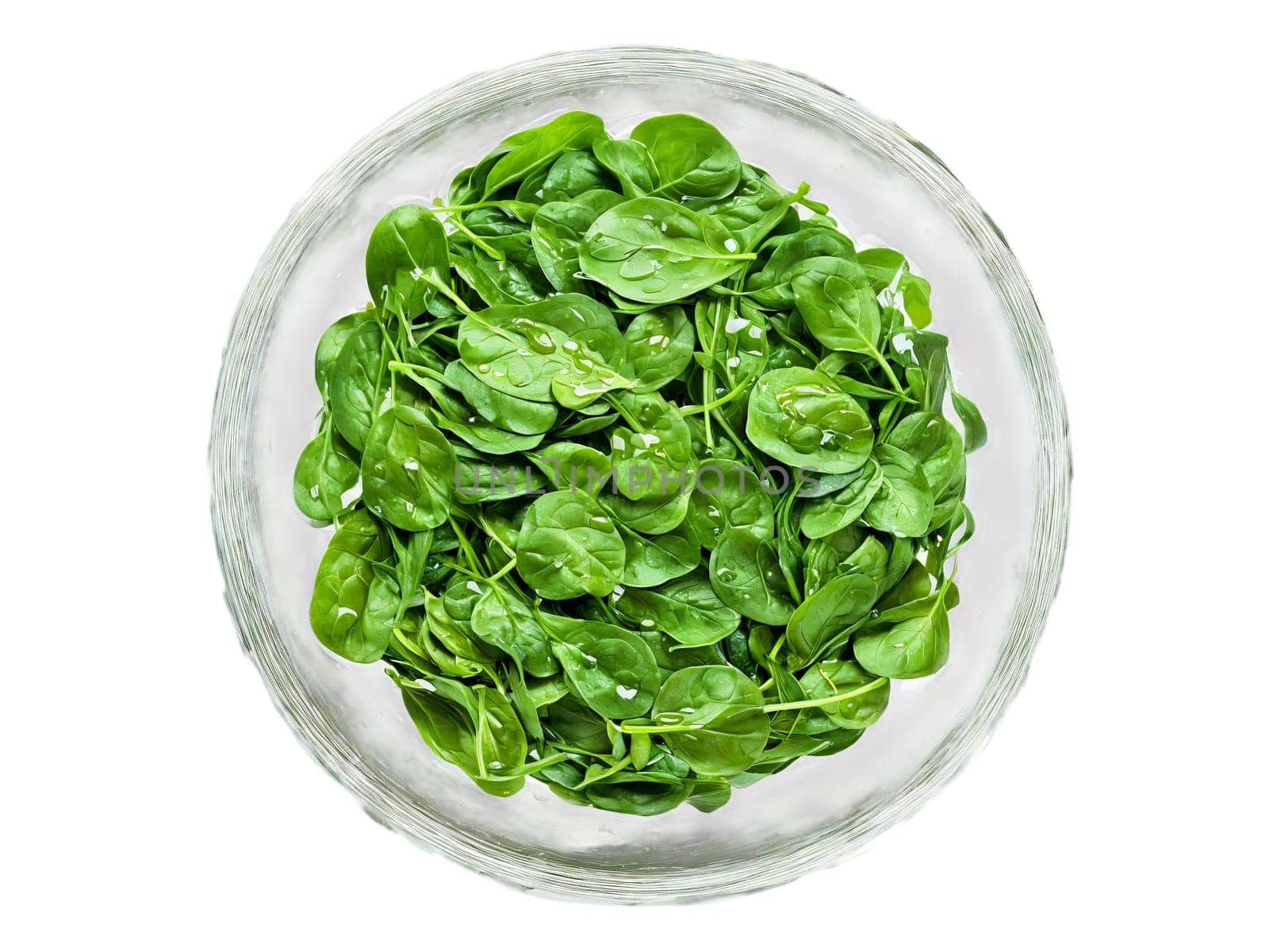 Spinach fresh leaves with a drizzle of olive oil served in a transparent glass bowl. Food isolated on transparent background.