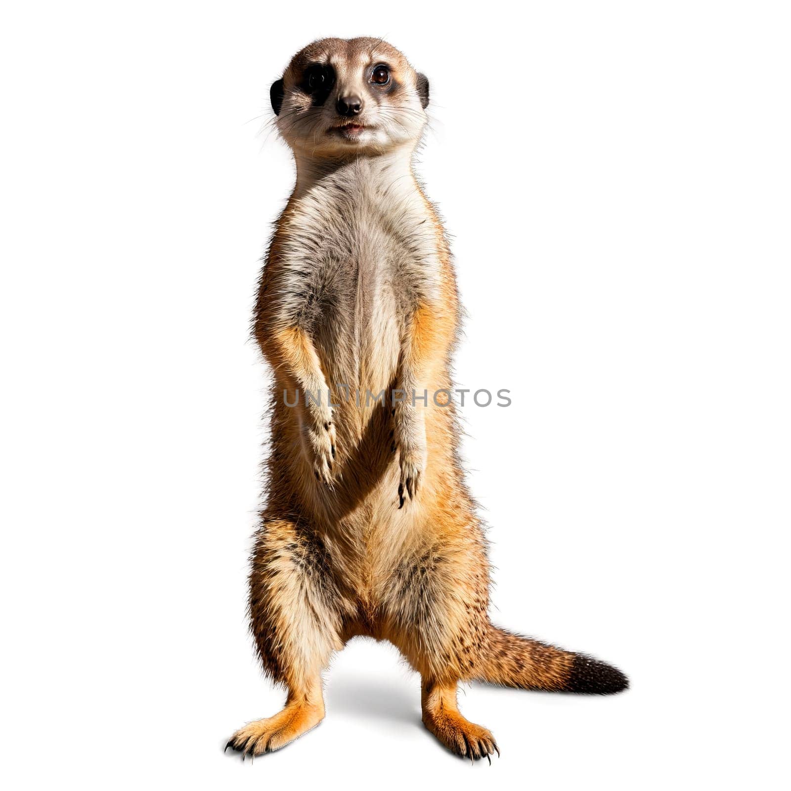 Animal isolated on transparent background. Playful meerkat Suricata suricatta sentry standing alert on hind legs warm golden light illuminating fuzzy.