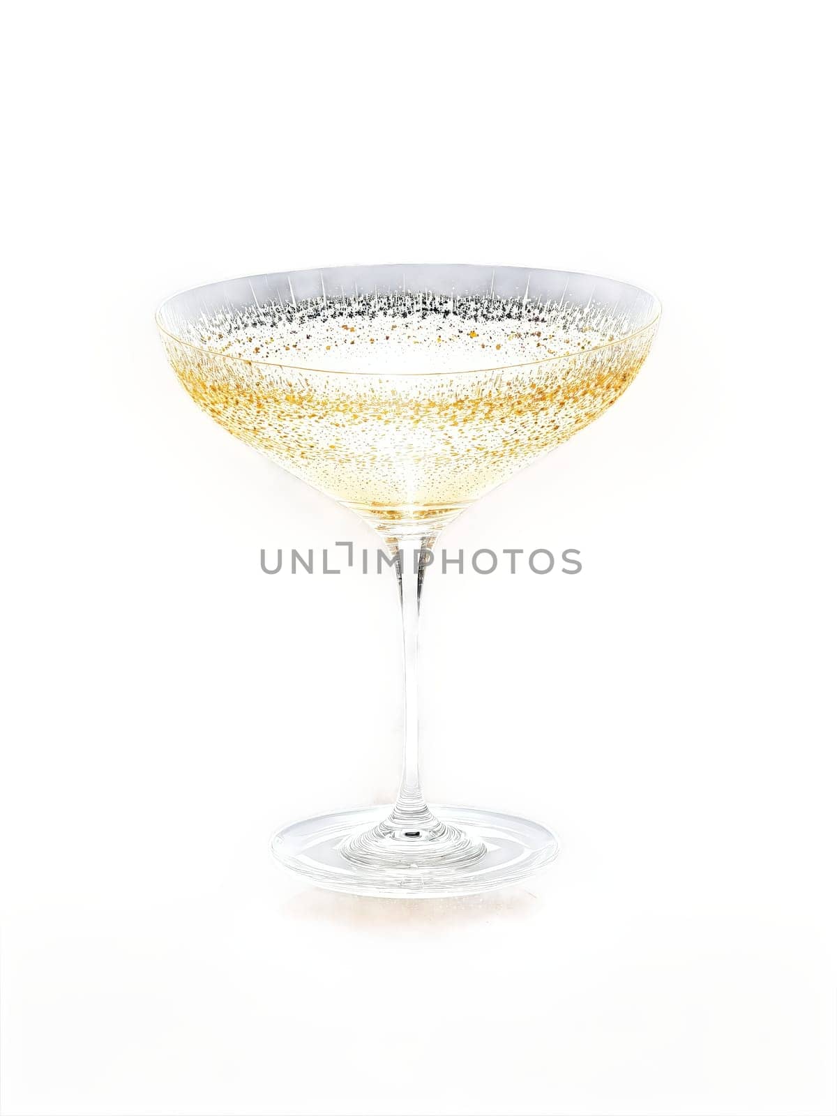 Rogaska Expert Champagne coupe, handmade crystal saucer, curved silhouette, shimmering golden champagne, abstract light reflections, festive celebration theme, pure white background.