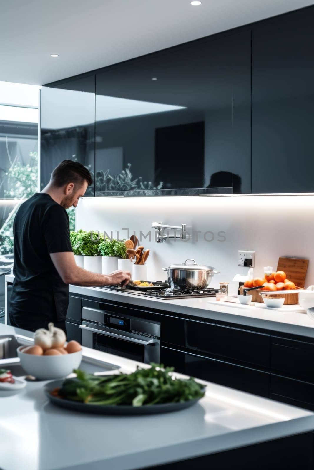 Young man focused on preparing a healthy meal with fresh ingredients on kitchen counter