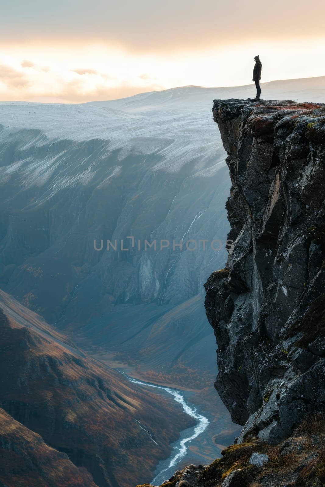 Person in red standing on a high cliff edge with a breathtaking view of a river and mountains during sunset