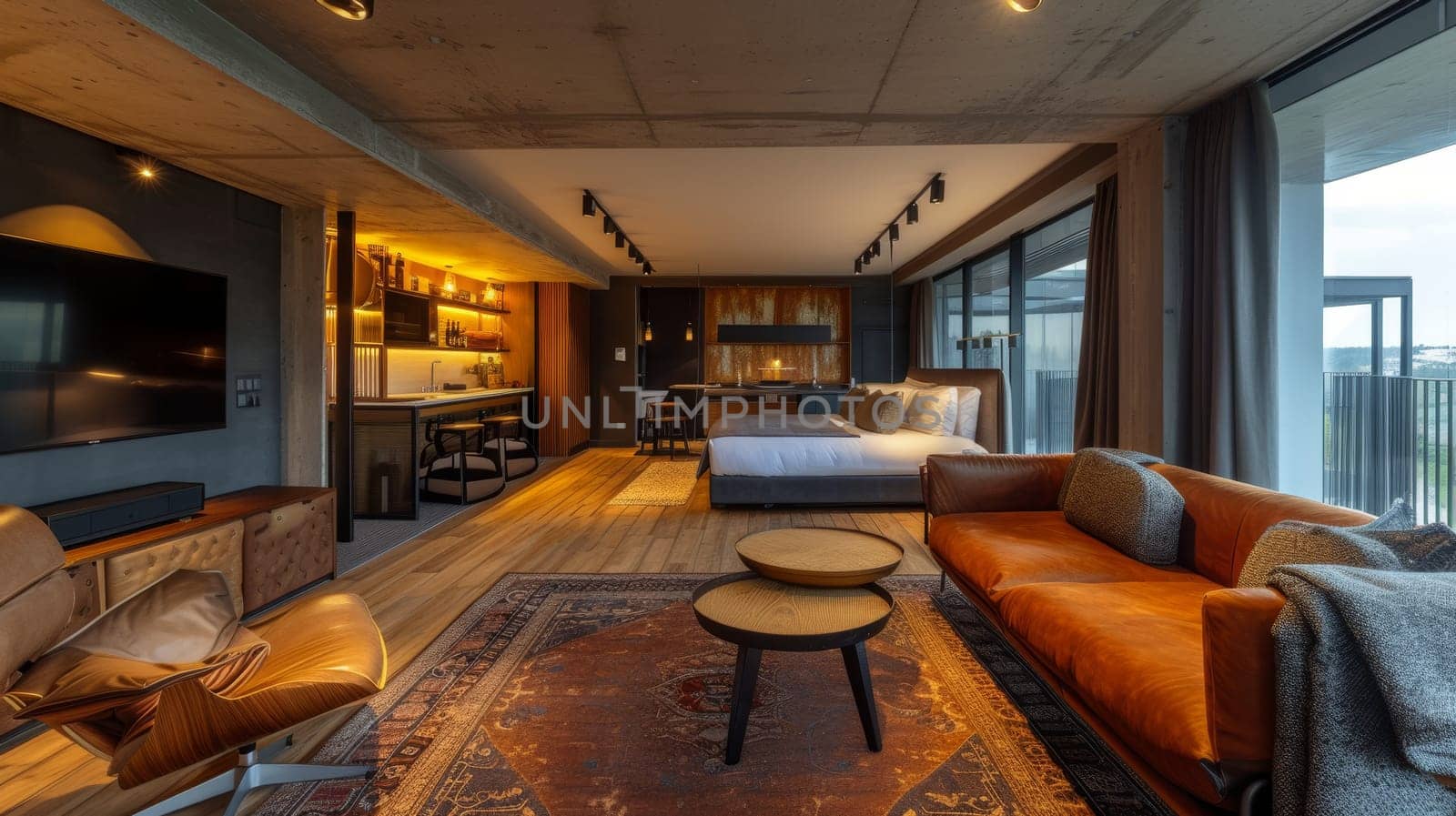 Luxurious studio apartment with a combined living room and bedroom, featuring a leather sofa, a plush bed, and warm ambient lighting