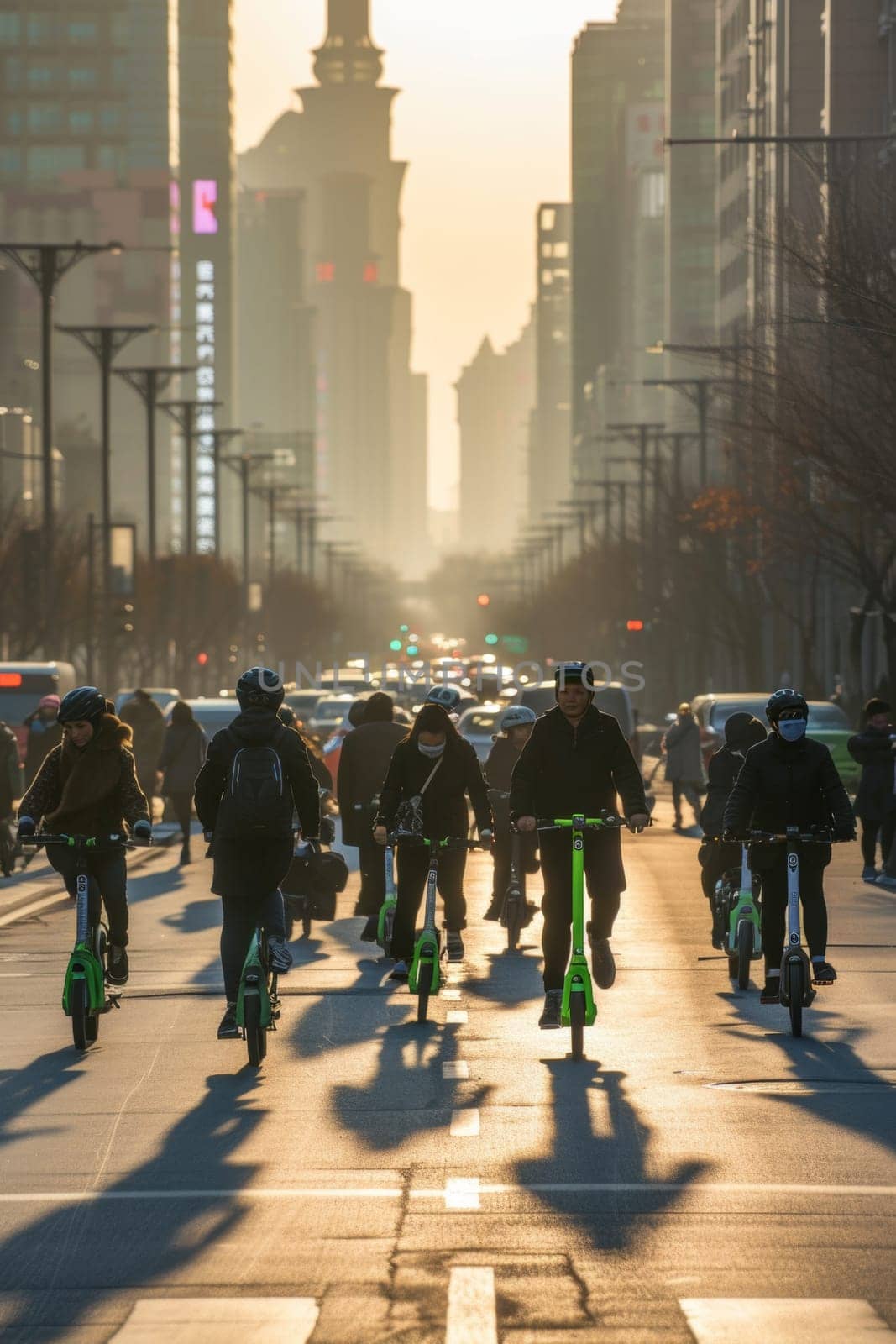 City commuters on electric scooters heading home during a sunset, casting long shadows on the street