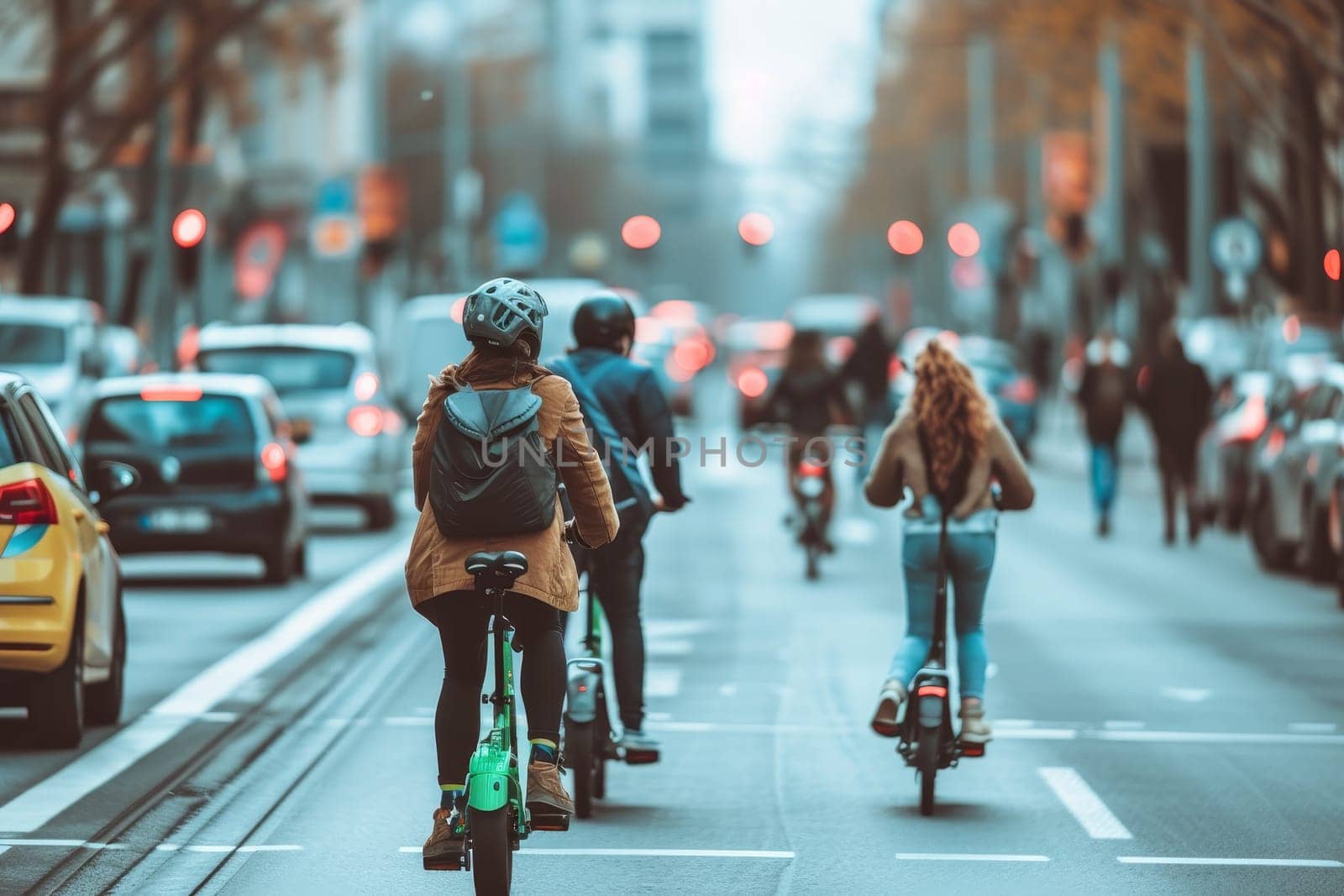 Morning traffic on a busy city street captured in bokeh with cyclists and cars, highlighting urban movement