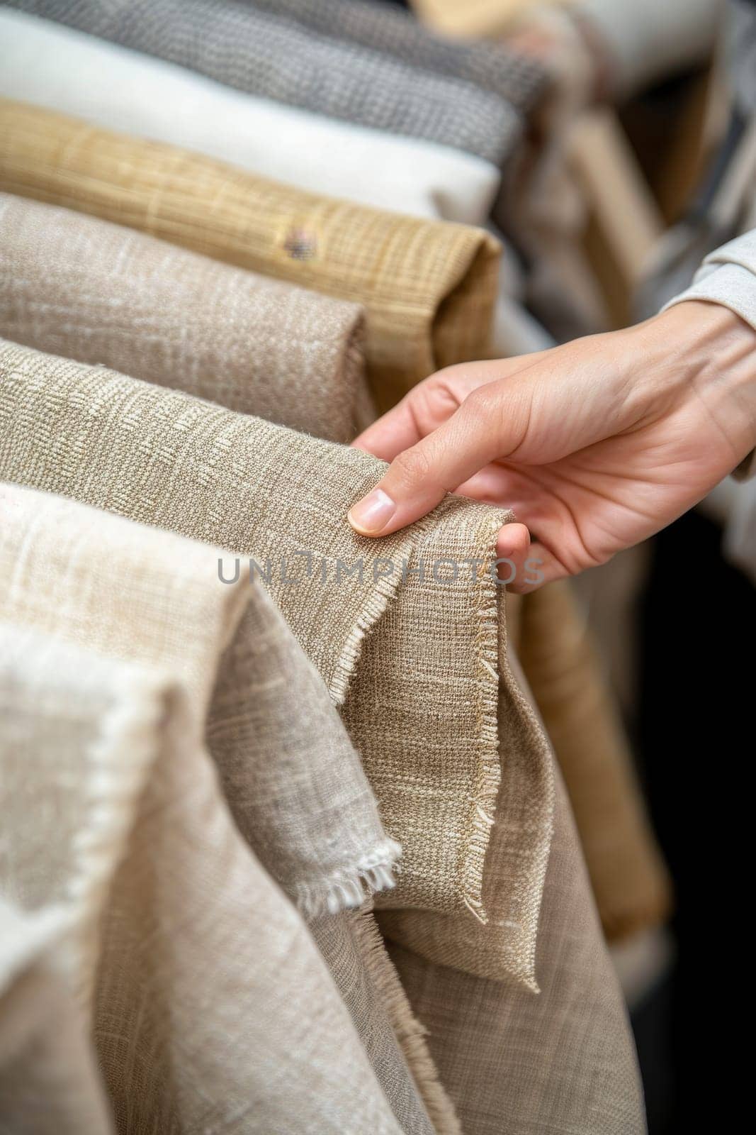 Close-up of an artisan's hand selecting fine fabrics in a boutique, showcasing texture and craftsmanship
