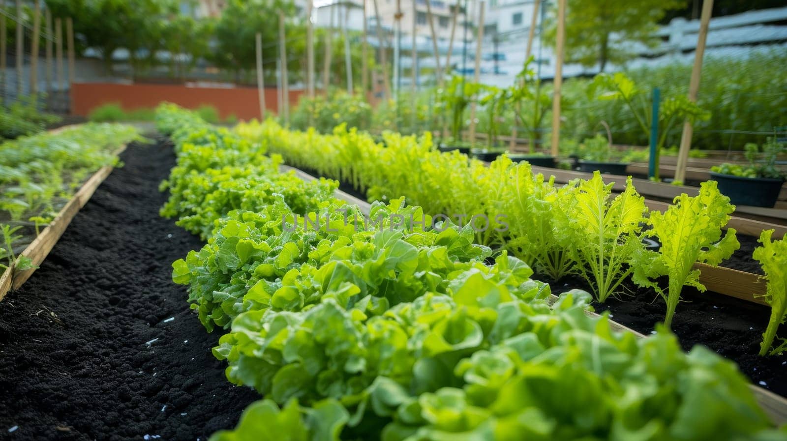 Vibrant rows of leafy greens flourishing in a community garden under the golden sunlight