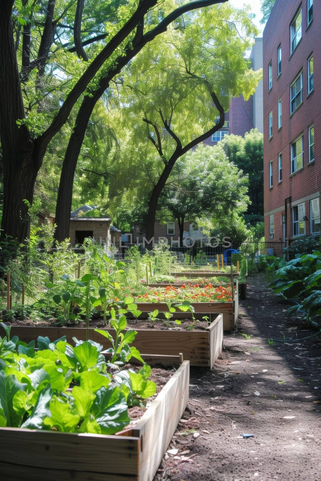 Tranquil pathway through an urban garden shaded by trees with city buildings in the background