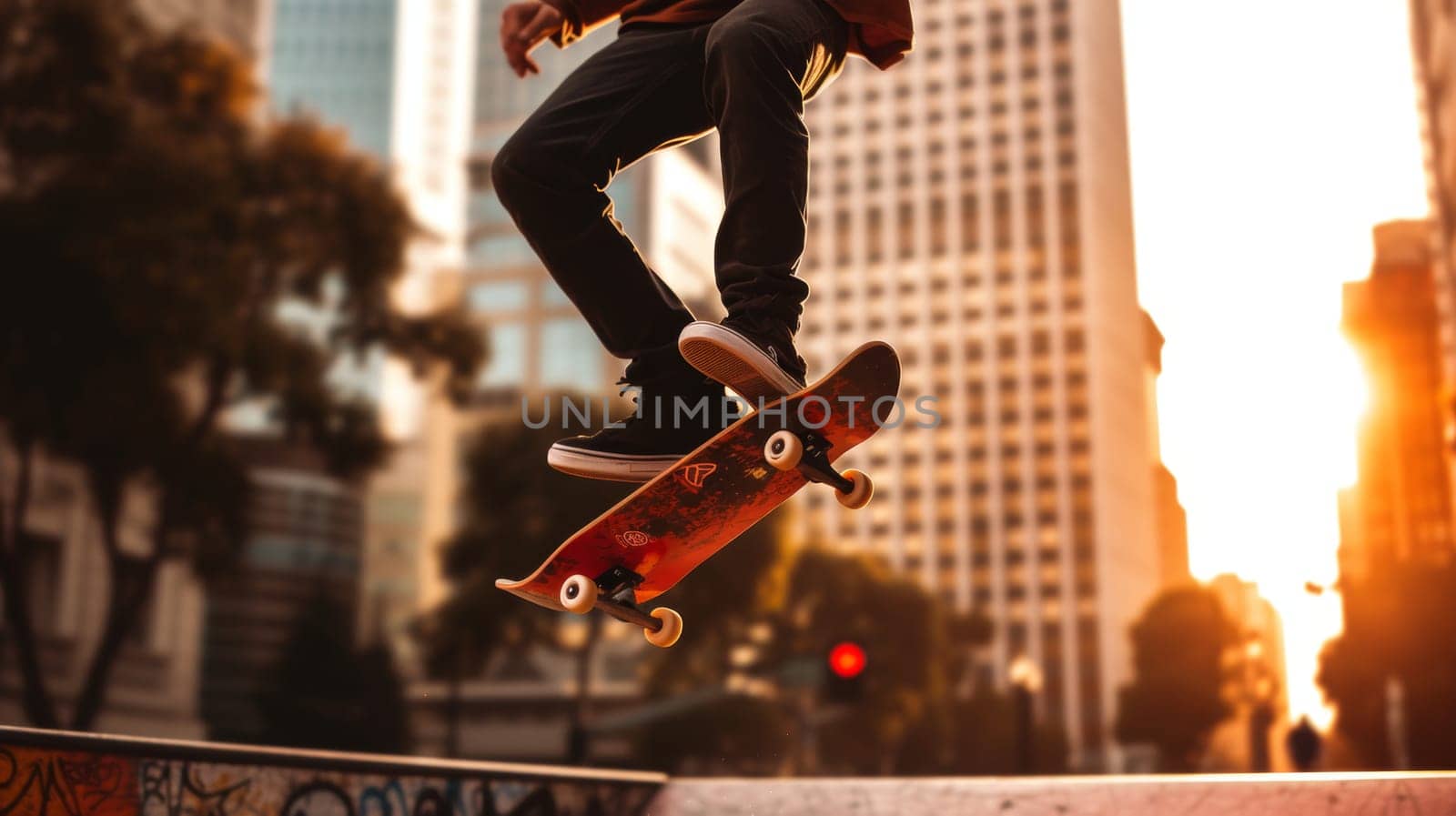 Skateboarder captured in a dynamic pose against an urban skyline at sunset