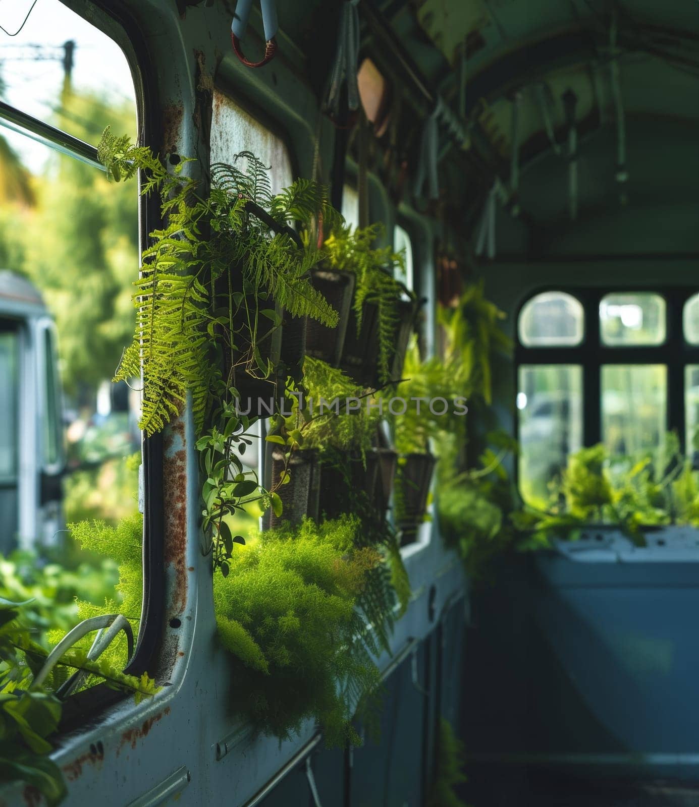Old bus repurposed as a greenhouse with an array of potted plants lining its windows