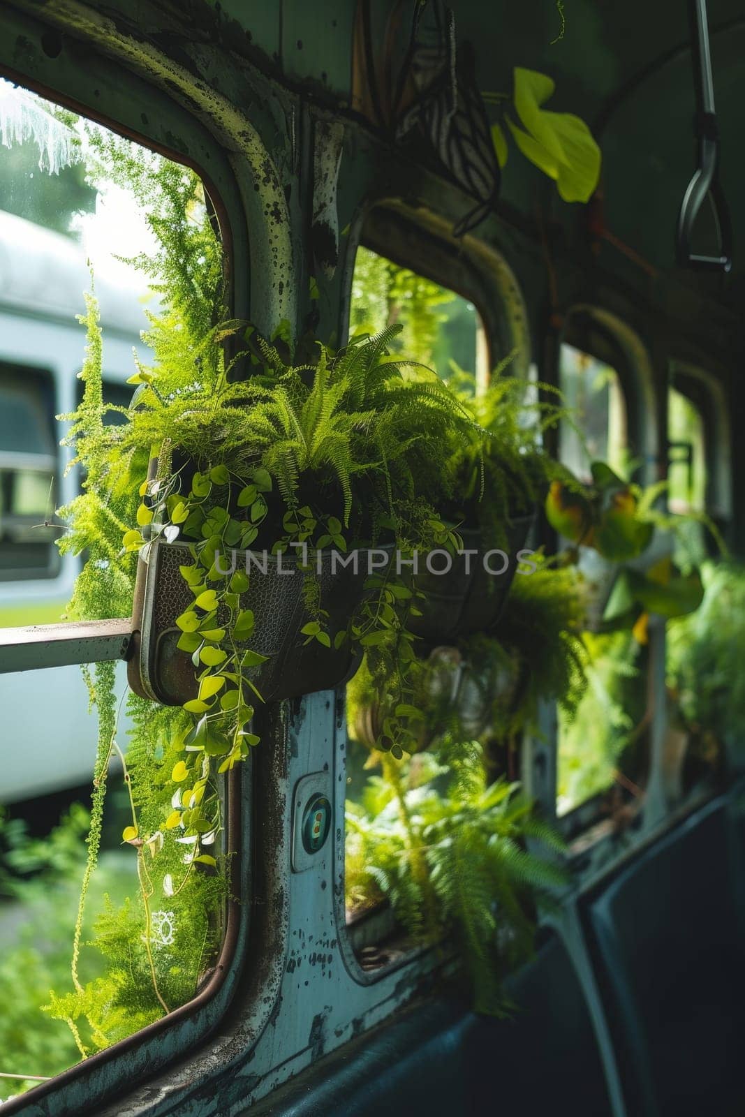 Old bus repurposed as a greenhouse with an array of potted plants lining its windows