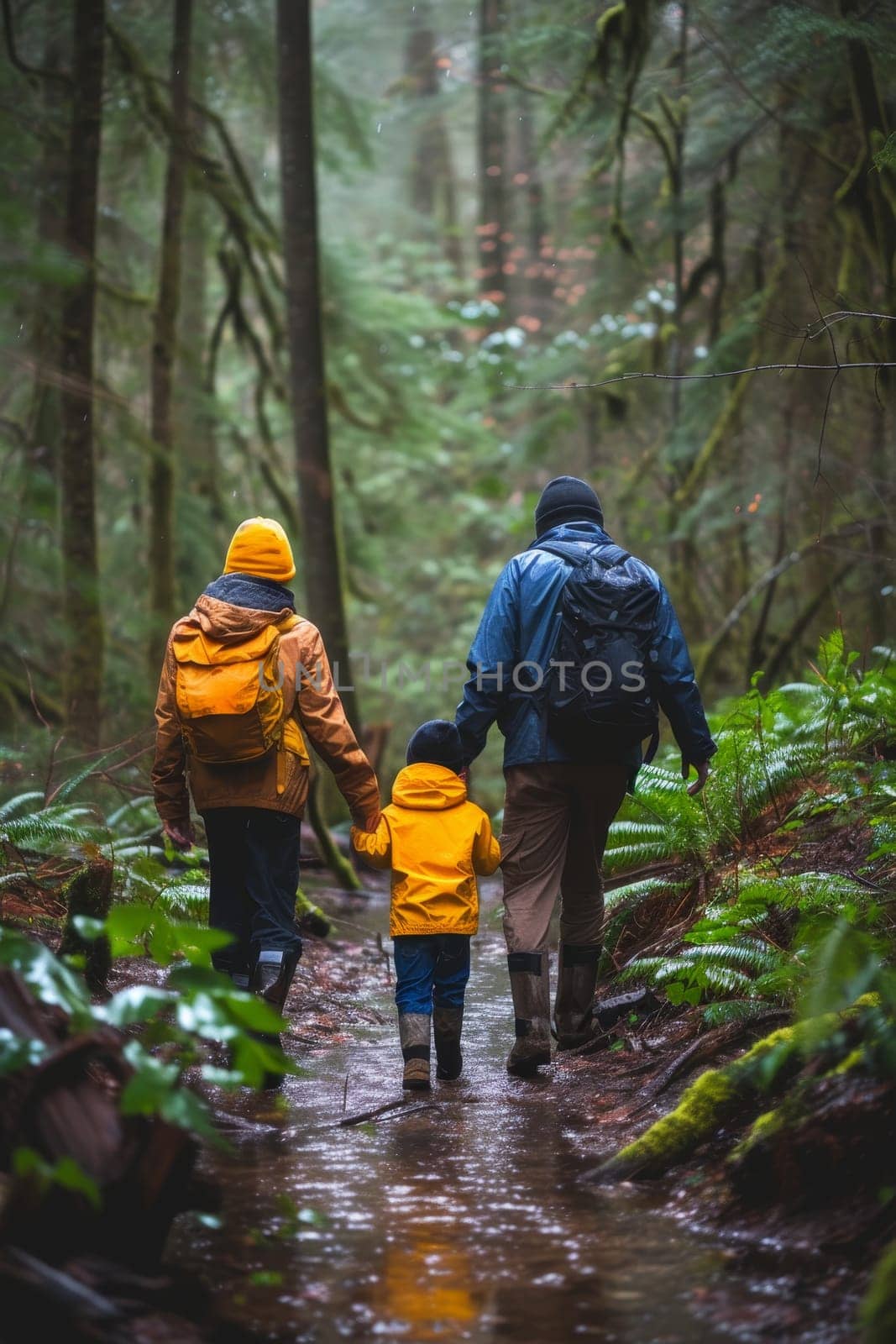 Family walking on a narrow trail through a dense green forest, enjoying a peaceful hike together