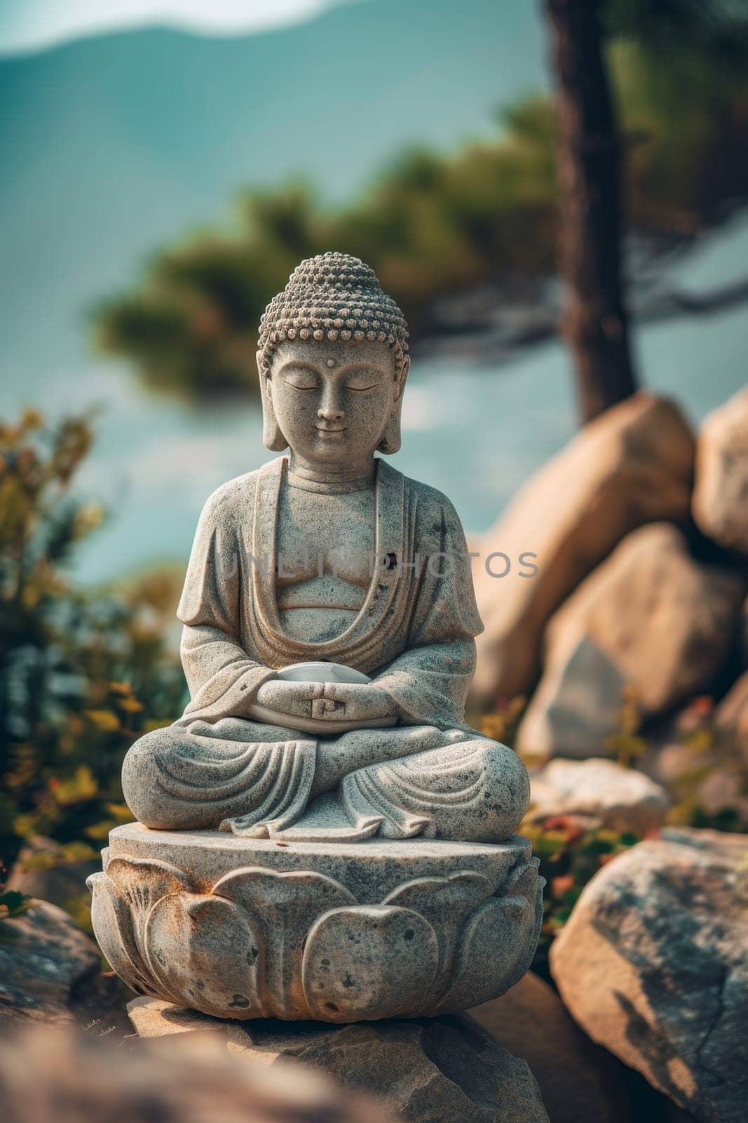A statue of Buddha in a meditative pose, placed amidst nature with a untroubled face