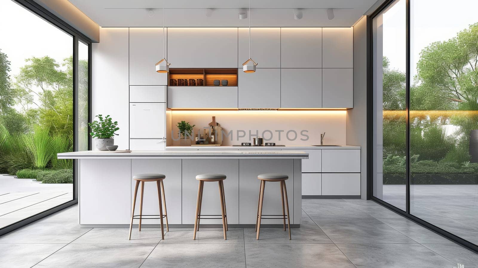 Airy and well-lit kitchen with white decor and a beautiful green outdoor view