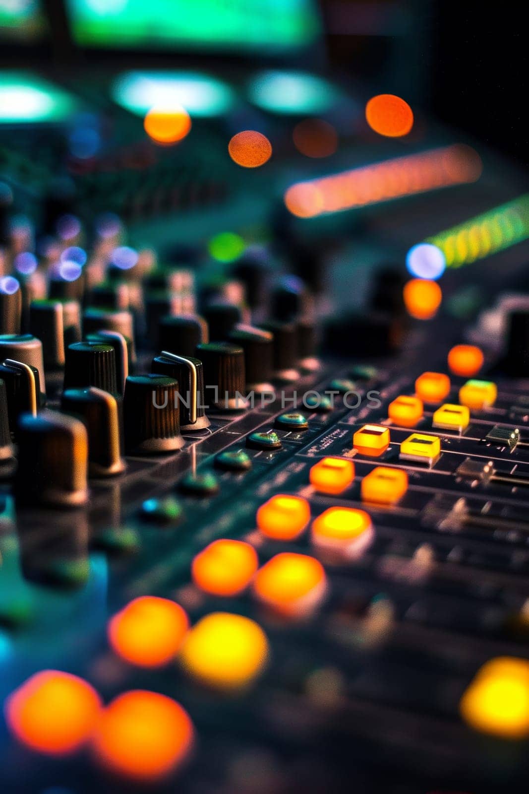 Music mixer console with illuminated knobs and sliders in a dimly lit studio, capturing the essence of sound engineering
