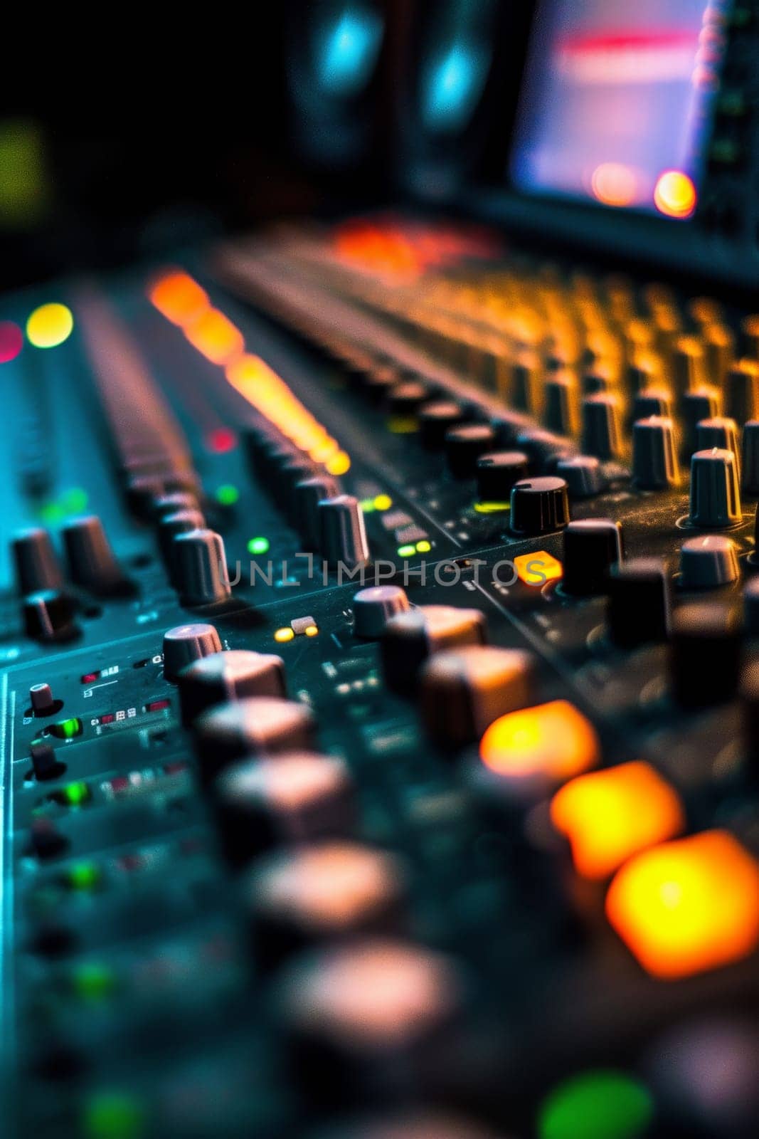 Close-up view of a colorful, illuminated audio mixing console with numerous knobs and sliders
