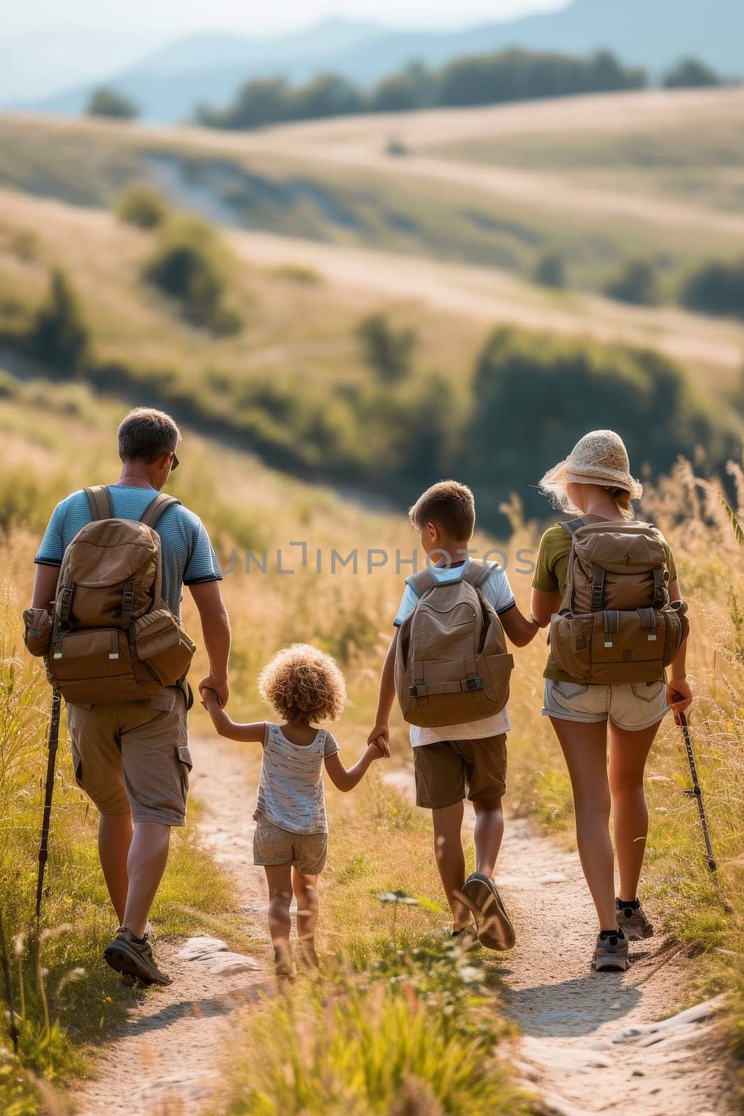 Family with two children hiking in the mountains amidst vibrant autumn foliage