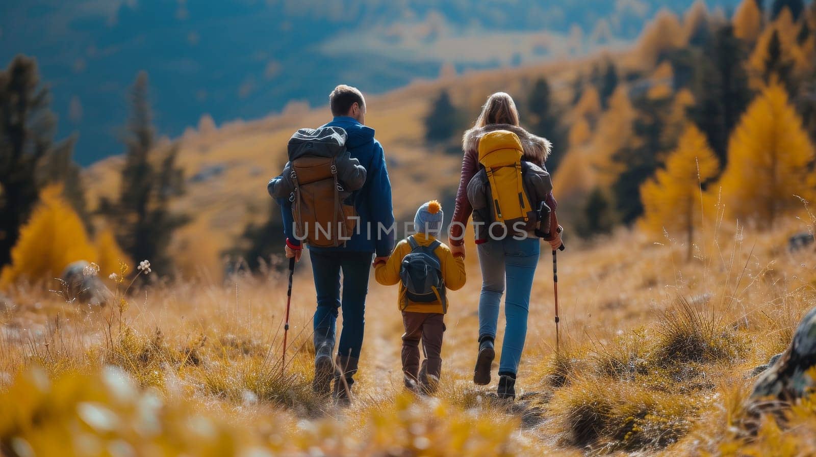 Three family members holding hands while walking on a rural trail in the countryside