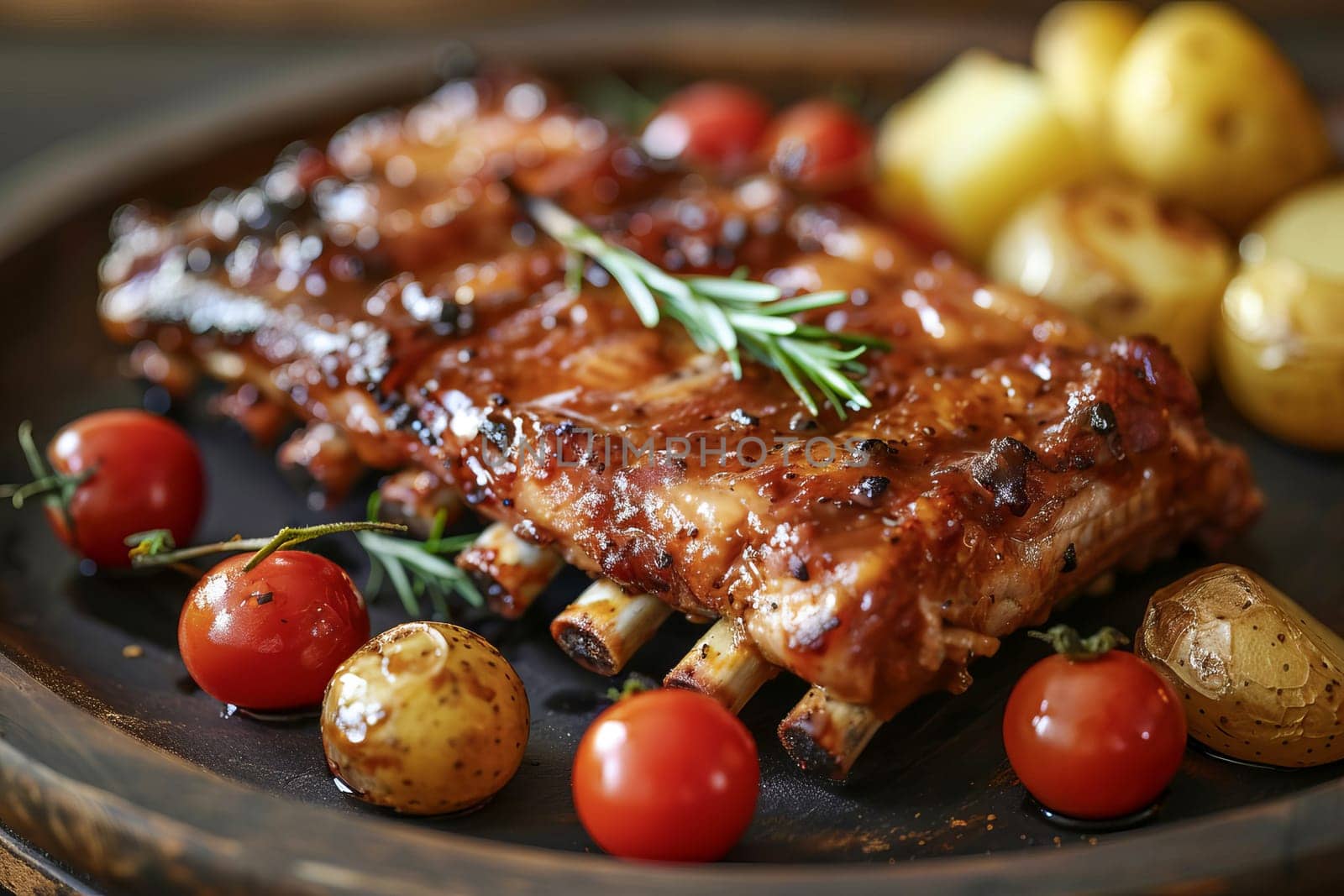 Juicy kebab, served with potatoes in combination with cherry tomatoes.