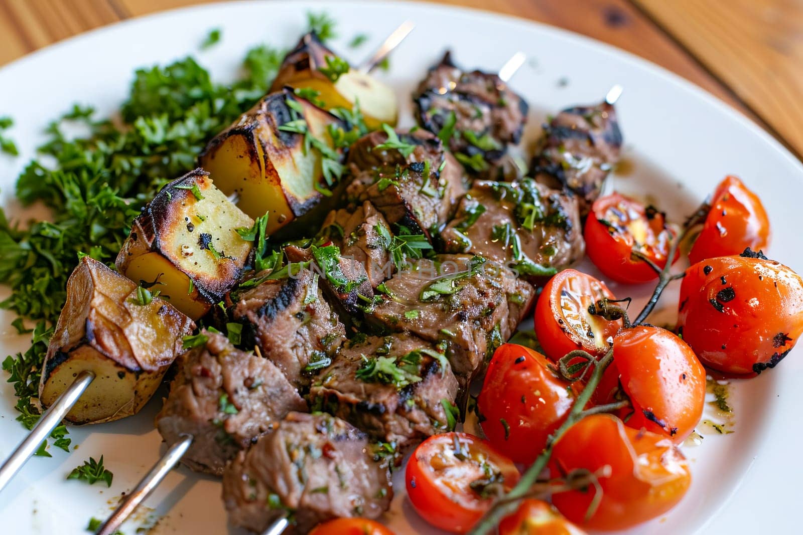 Juicy kebab, served with potatoes in combination with cherry tomatoes.