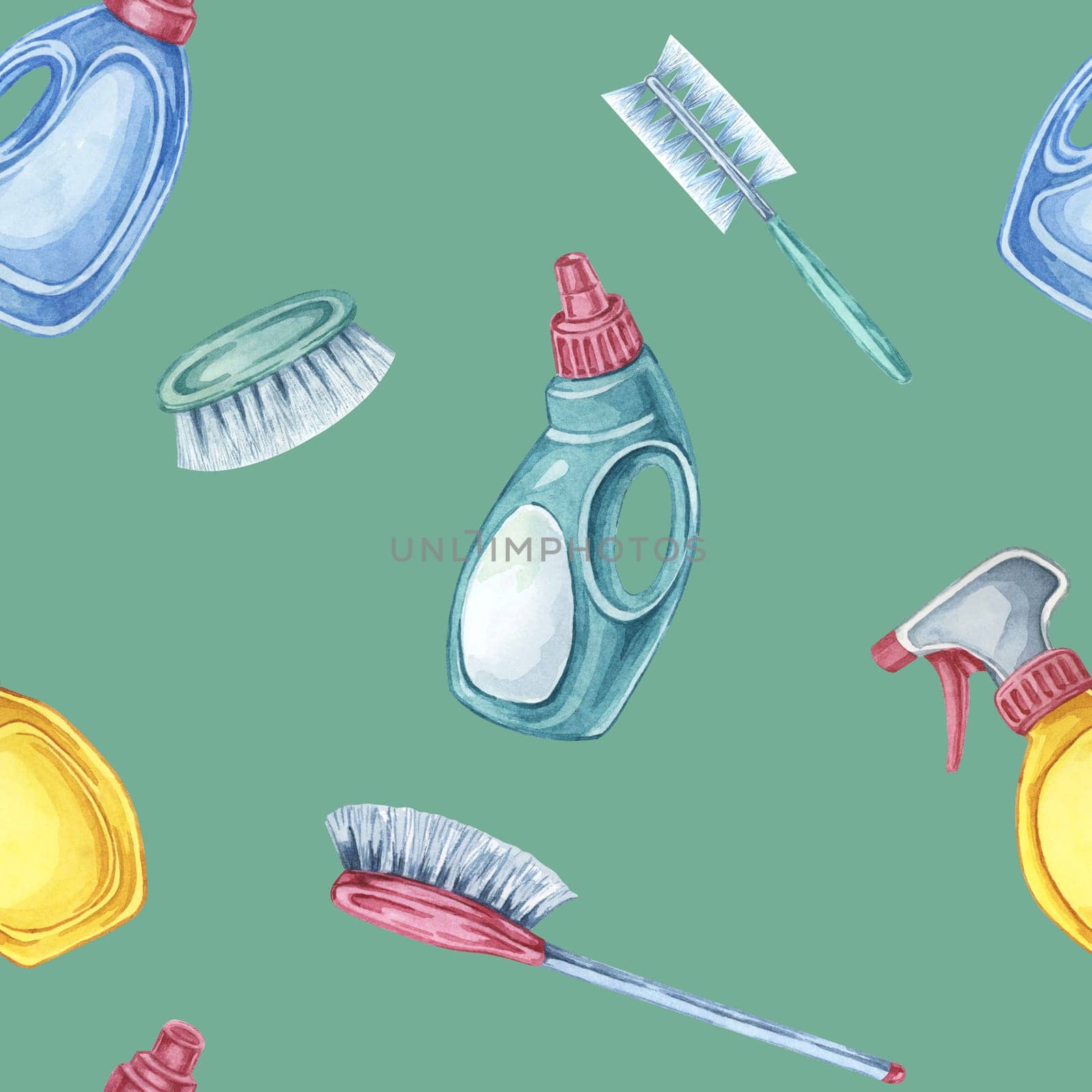 Cleaning tools colorful seamless pattern with spray bottles, detergent, and brushes. Suitable for fabric designs, cleaning service flyers, and educational materials on hygiene