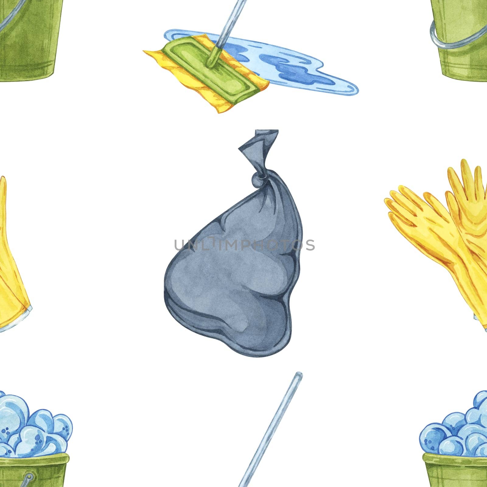 Seamless pattern print filled with mops, garbage bags, and gloves. Watercolor backdrop perfect for custom wallpapers, promotional brochures for cleaning companies, and fabric prints for home decor