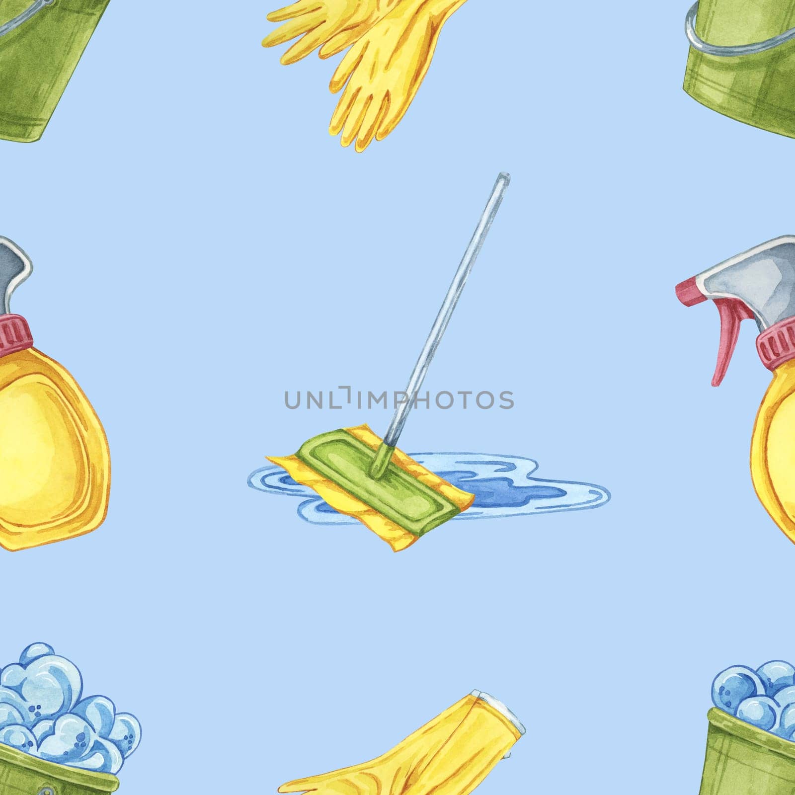 Seamless pattern with buckets, gloves, and spray bottles. Watercolor clipart for wrapping paper, cleaning product advertisements, and backgrounds for educational materials on home hygiene