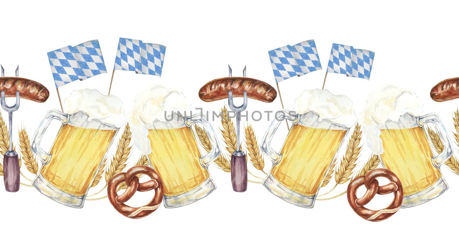 Beer mugs with foam, pretzels, barley, sausages and blue-and-white Bavarian flags banner clipart. Watercolor seamless border for creating Oktoberfest-themed invitations, menus, festive event banners.